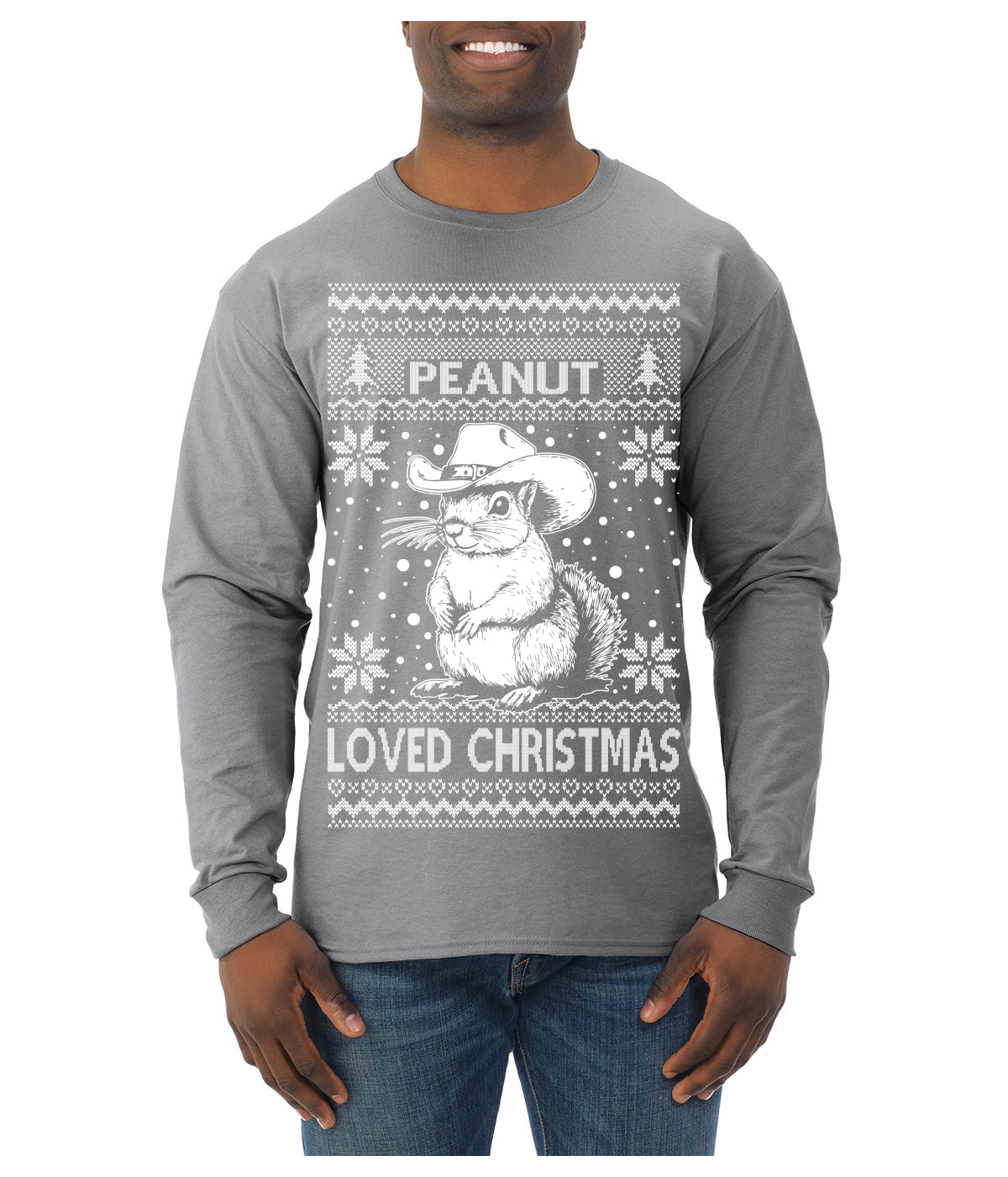 Peanut Loved Christmas RIP Funny Viral Squirrel Meme Ugly Christmas Sweater Mens Long Sleeve Shirt