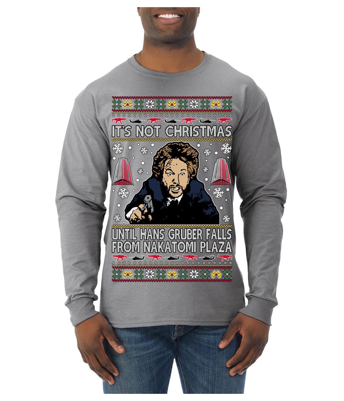 It's Not Christmas Until Hans Gruber Falls From Nakatomi Plaza Color Ugly Christmas Sweater Mens Long Sleeve Shirt