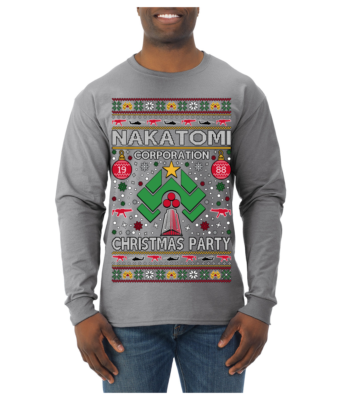 Nakatomi Corporation Christmas Party 1988 Plaza Logo, Classic Die Hard McClane 80s Xmas Movie Quote Ugly Christmas Sweater Mens Long Sleeve Shirt
