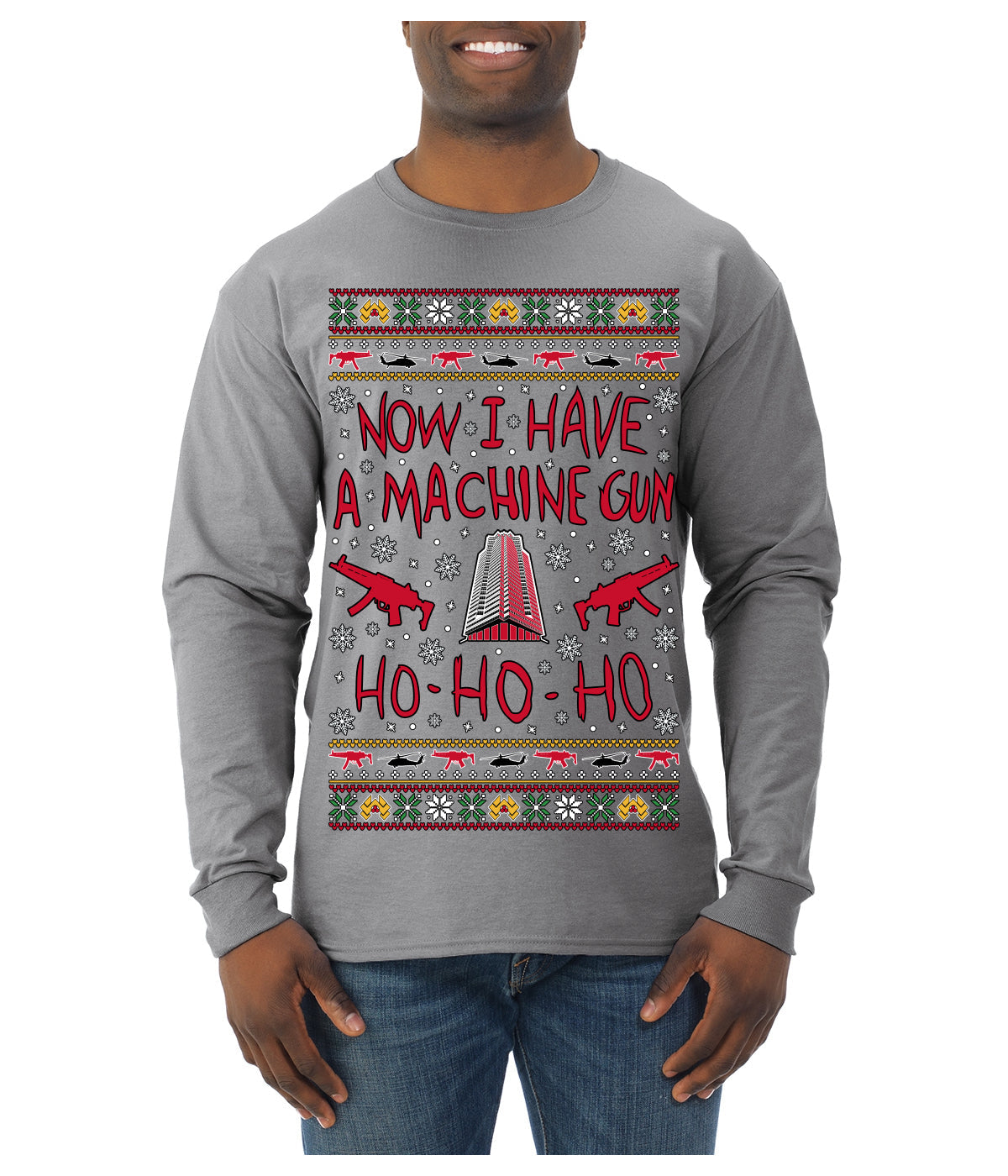 Now I Have a Machine Gun Ho Ho Ho Nakatomi Die Hard McClane Classic 80s Xmas Movie Ugly Christmas Sweater Mens Long Sleeve Shirt