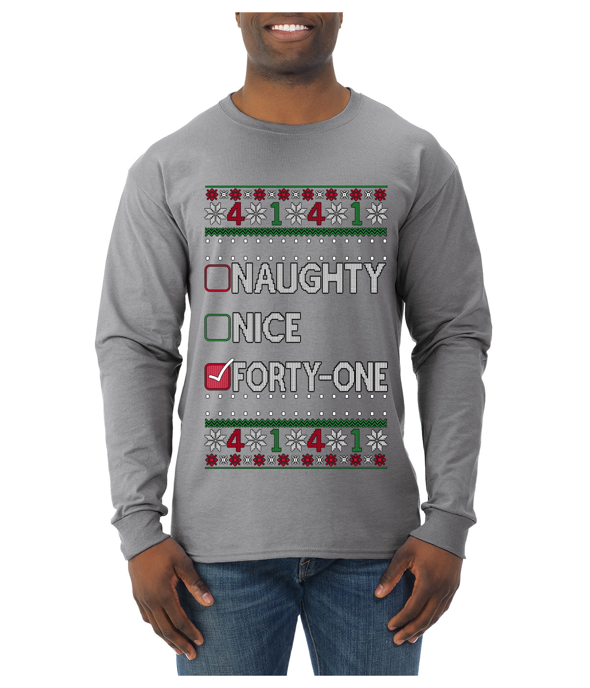 Funny Meme List Naughty, Nice, 41, Ugly Christmas Sweater Mens Long Sleeve Shirt