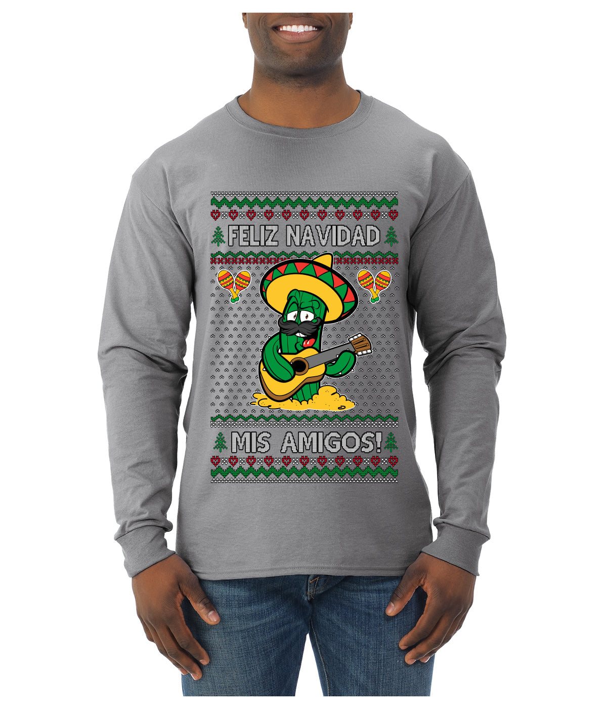Feliz Navidad Mis Amigos!, Ugly Christmas Sweater Mens Long Sleeve Shirt
