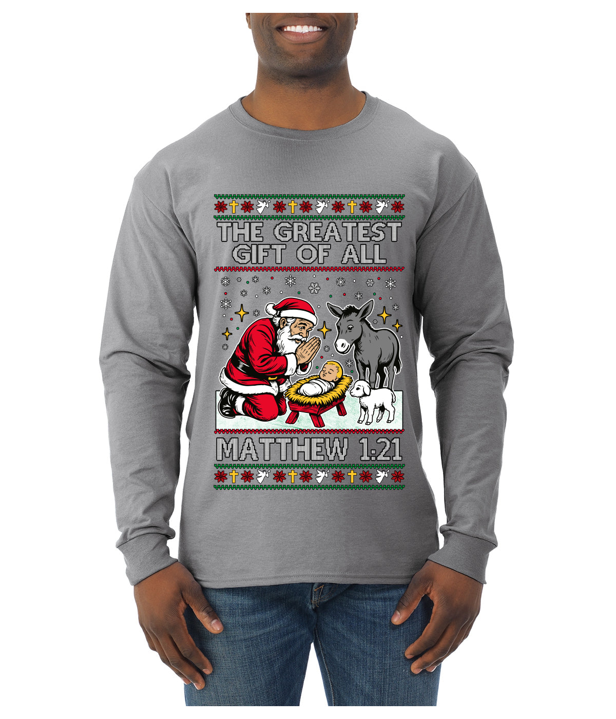 The Greatest Gift Of All Matthew 1:21, Ugly Christmas Sweater Mens Long Sleeve Shirt