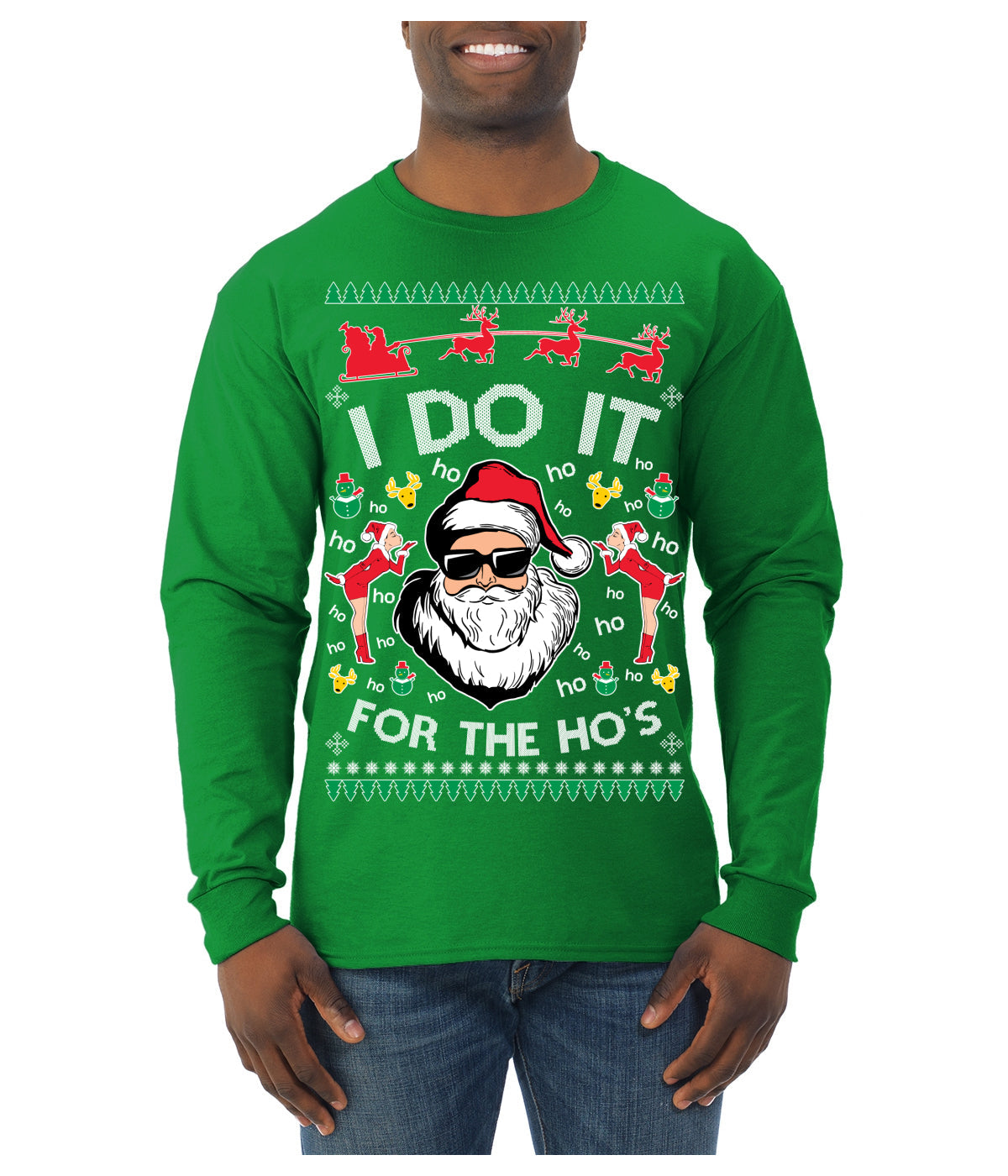 I Do It for the Hos Funny Santa Claus Ugly Christmas Sweater Mens Long Sleeve Shirt