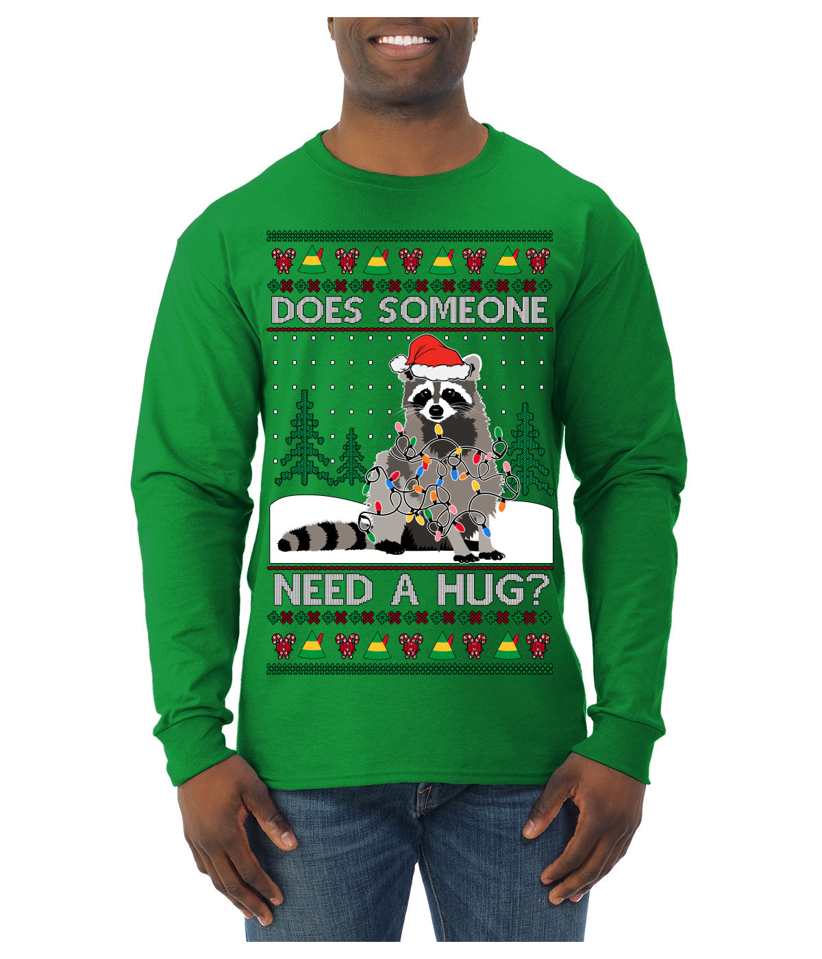 Does Someone Need a Hug? Cute Raccoon Ugly Christmas Sweater Mens Long Sleeve Shirt