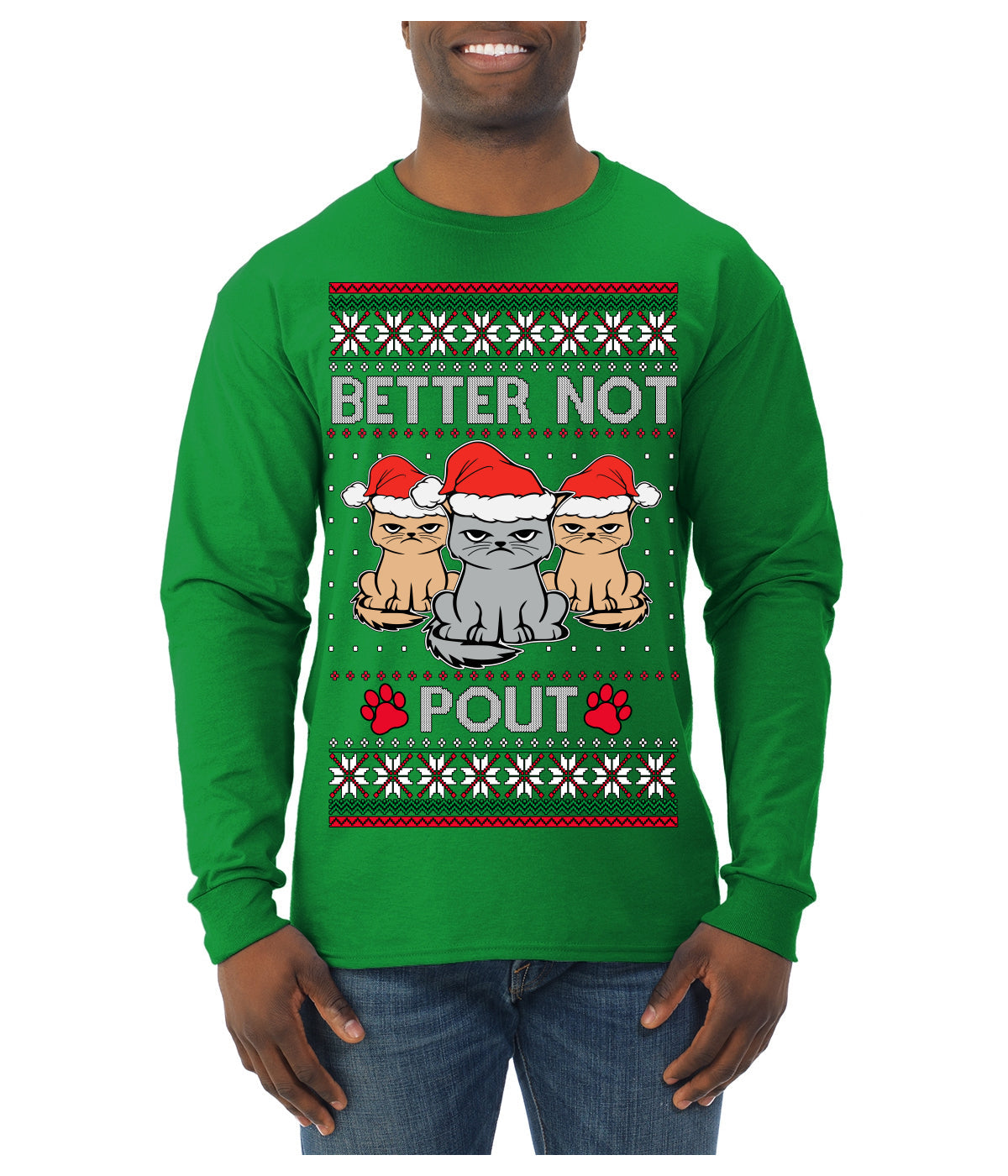 Better Not Pout, Cute Sad Santa Cats | Funny Ugly Christmas Sweater Mens Long Sleeve Shirt