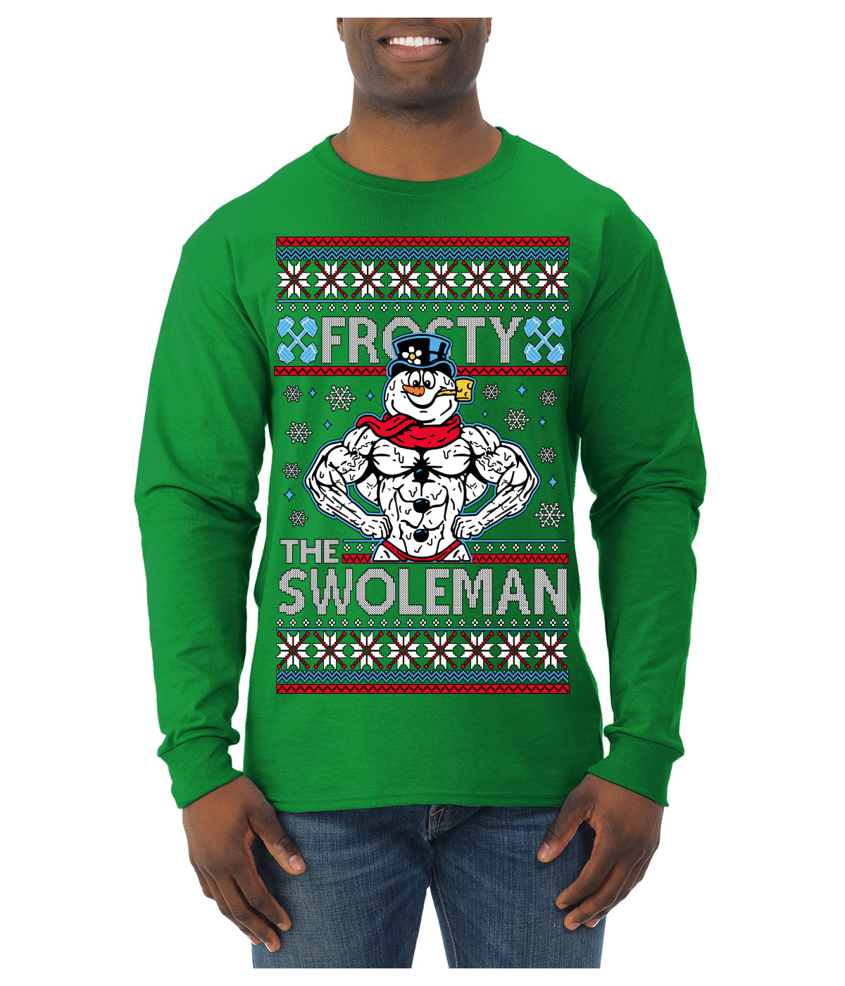 Frosty the Swoleman Funny Workout Lifting Snowman MovieUgly Christmas Sweater Mens Long Sleeve Shirt
