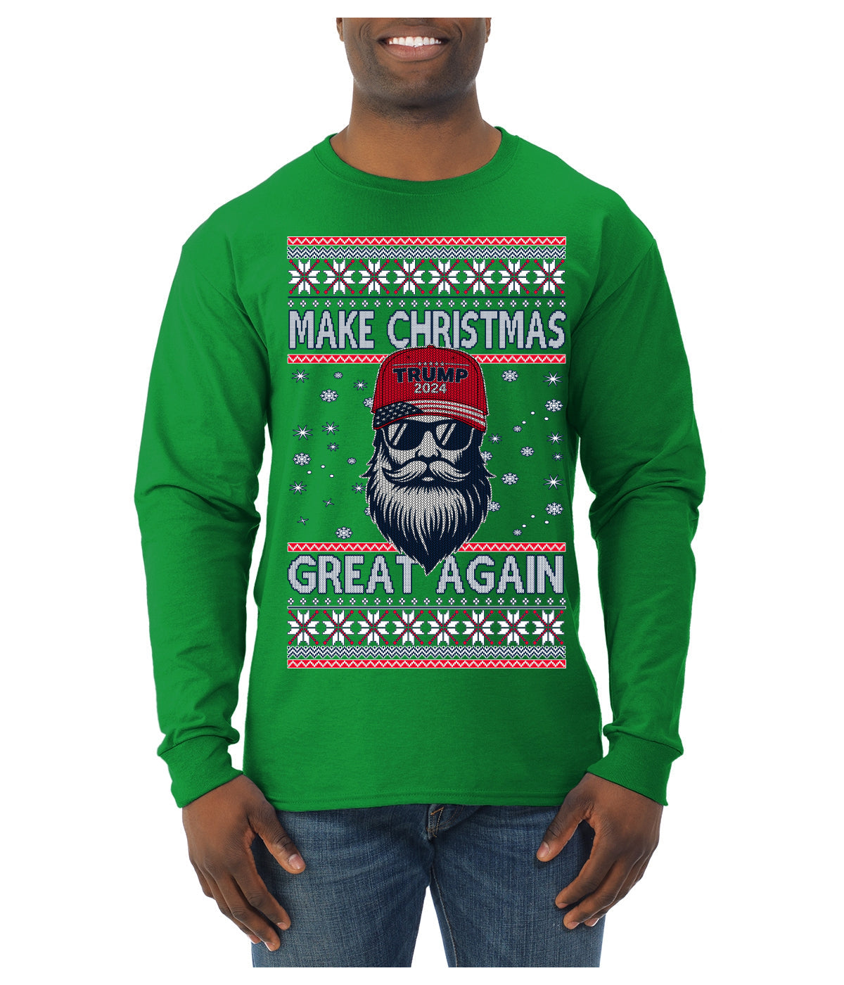 Make Christmas Great Again Trump Santa Claus 2024 MAGA,  Donald Trump JD Vance GOP Republican Ugly Christmas Sweater Mens Long Sleeve Shirt