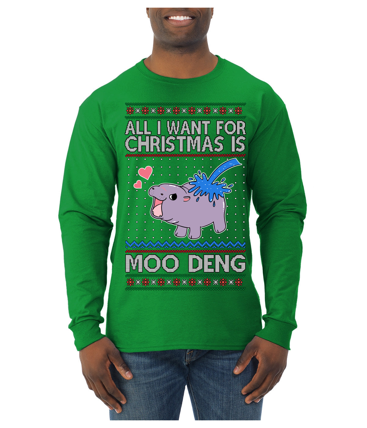 All I Want for Christmas is Moo Deng Cute Pygmy Hippo Ugly Christmas Sweater Mens Long Sleeve Shirt