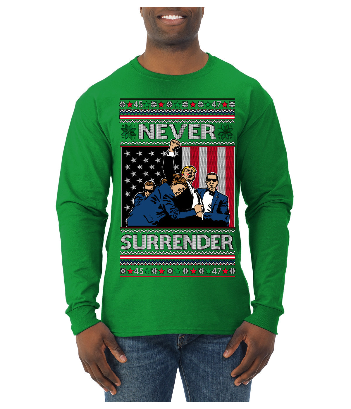 Never Surrender Pro Donald Trump Fight Fist Pump 2024 Ugly Christmas Sweater Mens Long Sleeve Shirt