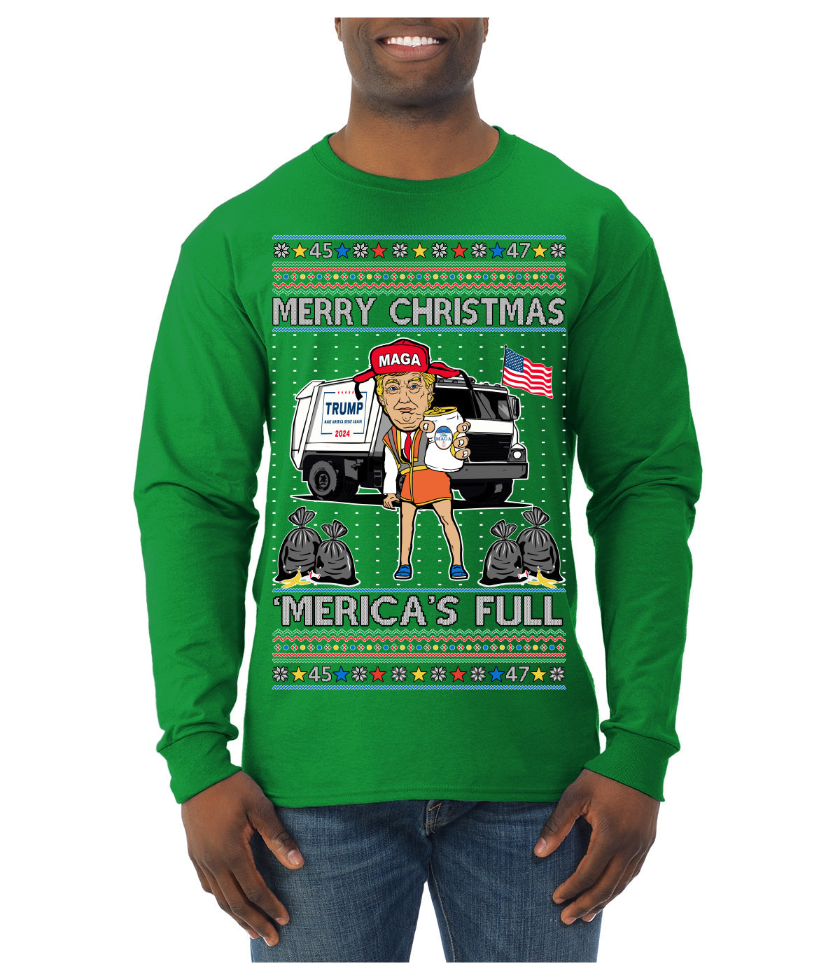 Donald Trump Merry Christmas Merica's Full Garbage Truck Ugly Christmas Sweater Mens Long Sleeve Shirt
