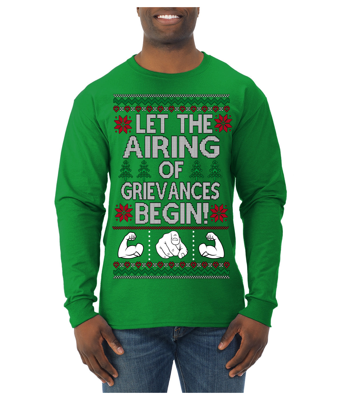 Let the Airing of Grievances Begin Funny TV Sitcom Festivus Ugly Christmas Sweater Mens Long Sleeve Shirt