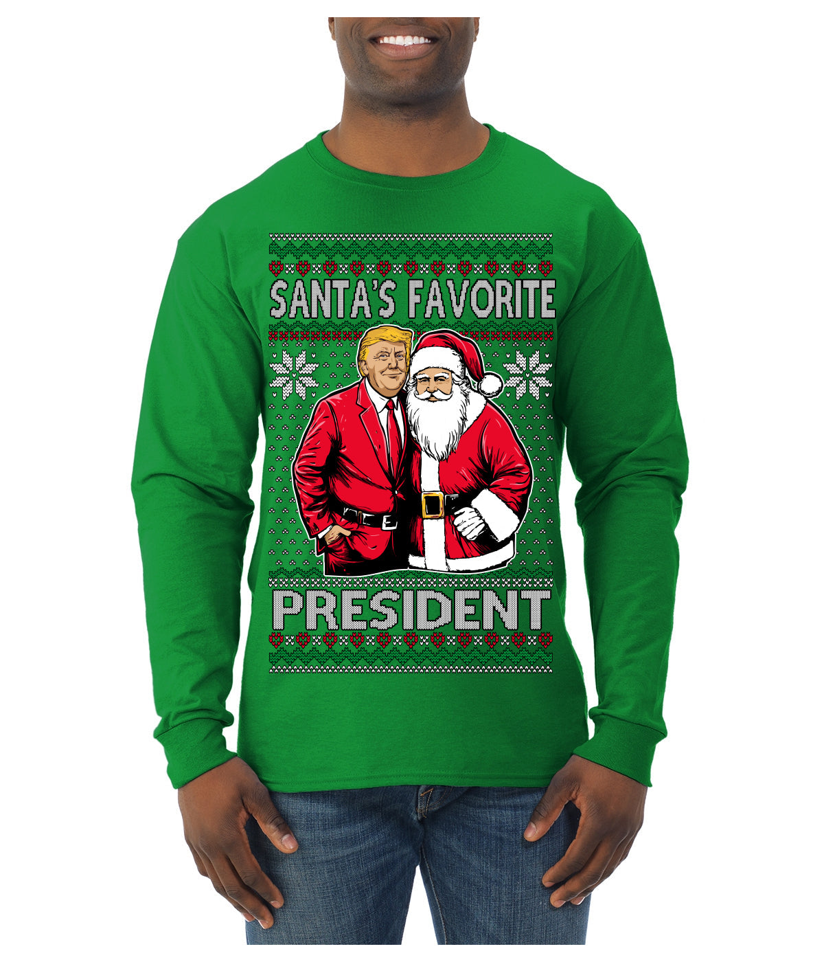 Santa's Favorite President Red Suit Trump Ugly Christmas Sweater Mens Long Sleeve Shirt