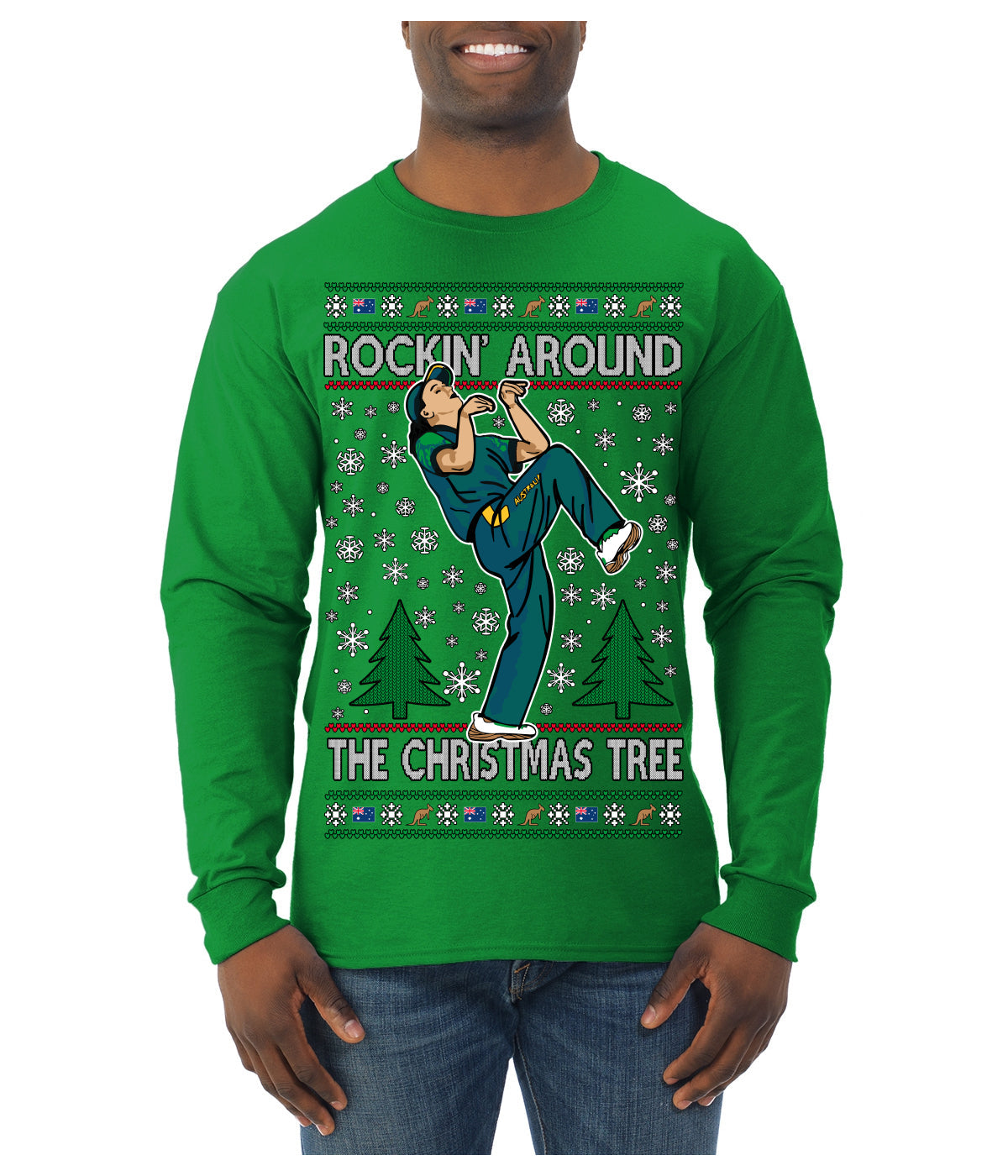 Rockin Around the Christmas Tree Raygun Viral Breakdancer Ugly Christmas Sweater Mens Long Sleeve Shirt