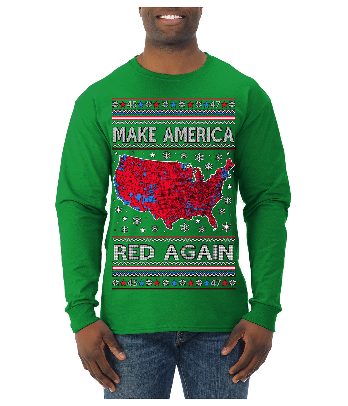 Make America Red Again USA Map Trump 2024 MAGA Ugly Christmas Sweater Mens Long Sleeve Shirt