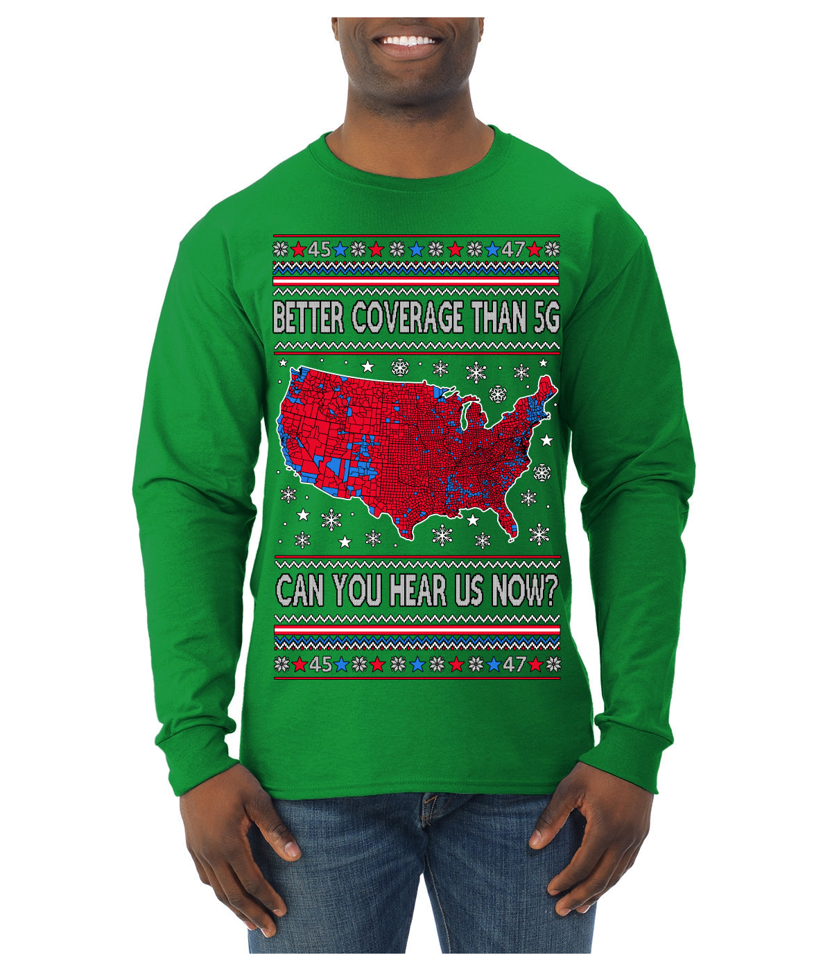 Trump 2024 Better Coverage than 5G Red Wave Landslide Ugly Christmas Sweater Mens Long Sleeve Shirt