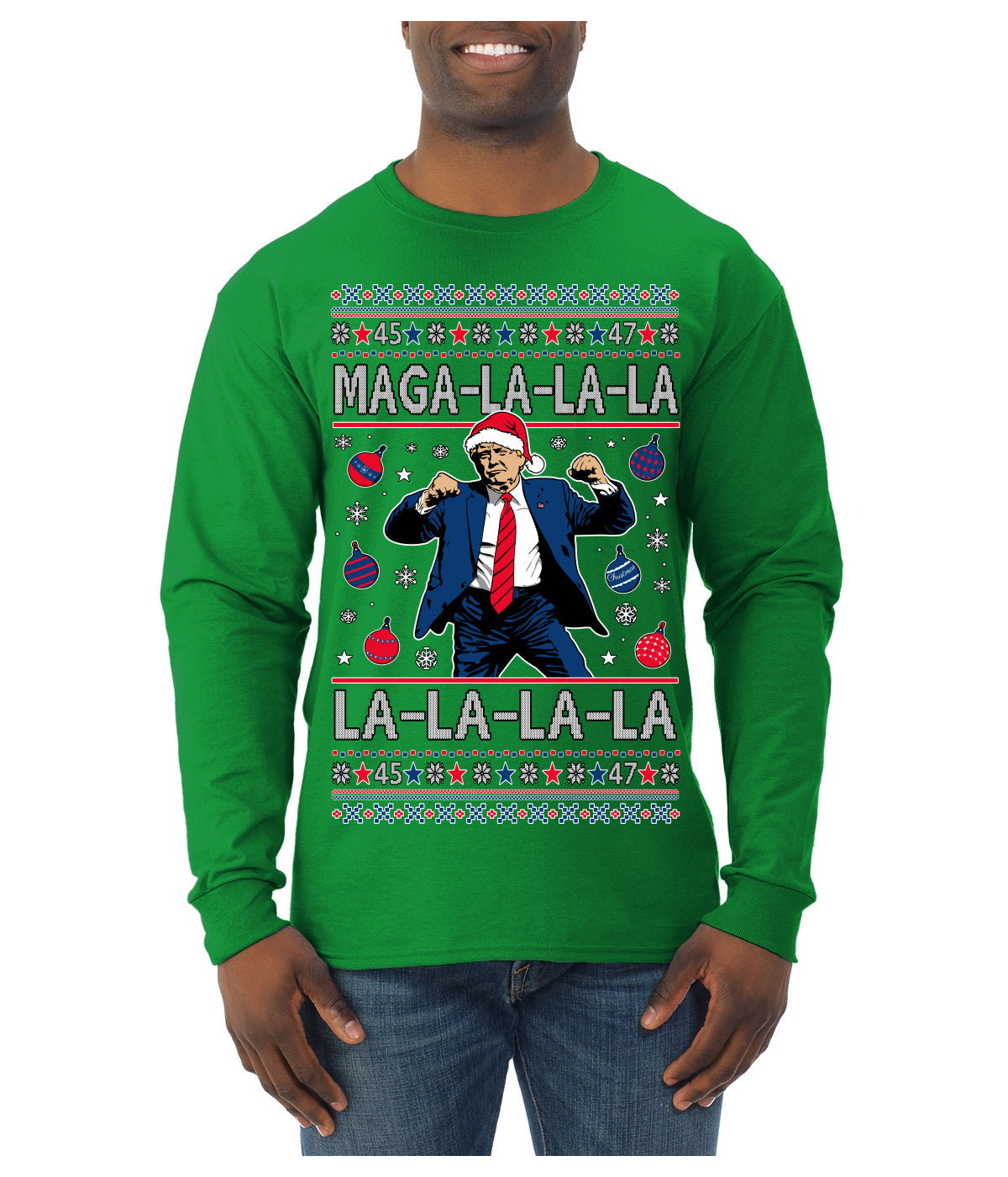 Maga La La La Funny Donald Trump Christmas Carol Song Ugly Christmas Sweater Mens Long Sleeve Shirt