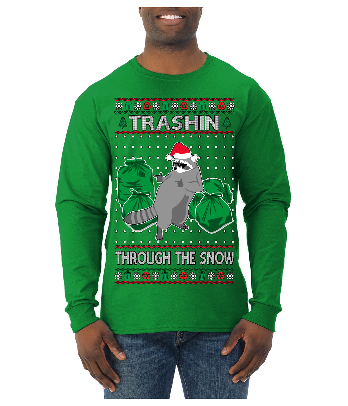 Trashin Through the Snow Funny Trash Panda Raccoon Meme Ugly Christmas Sweater Mens Long Sleeve Shirt
