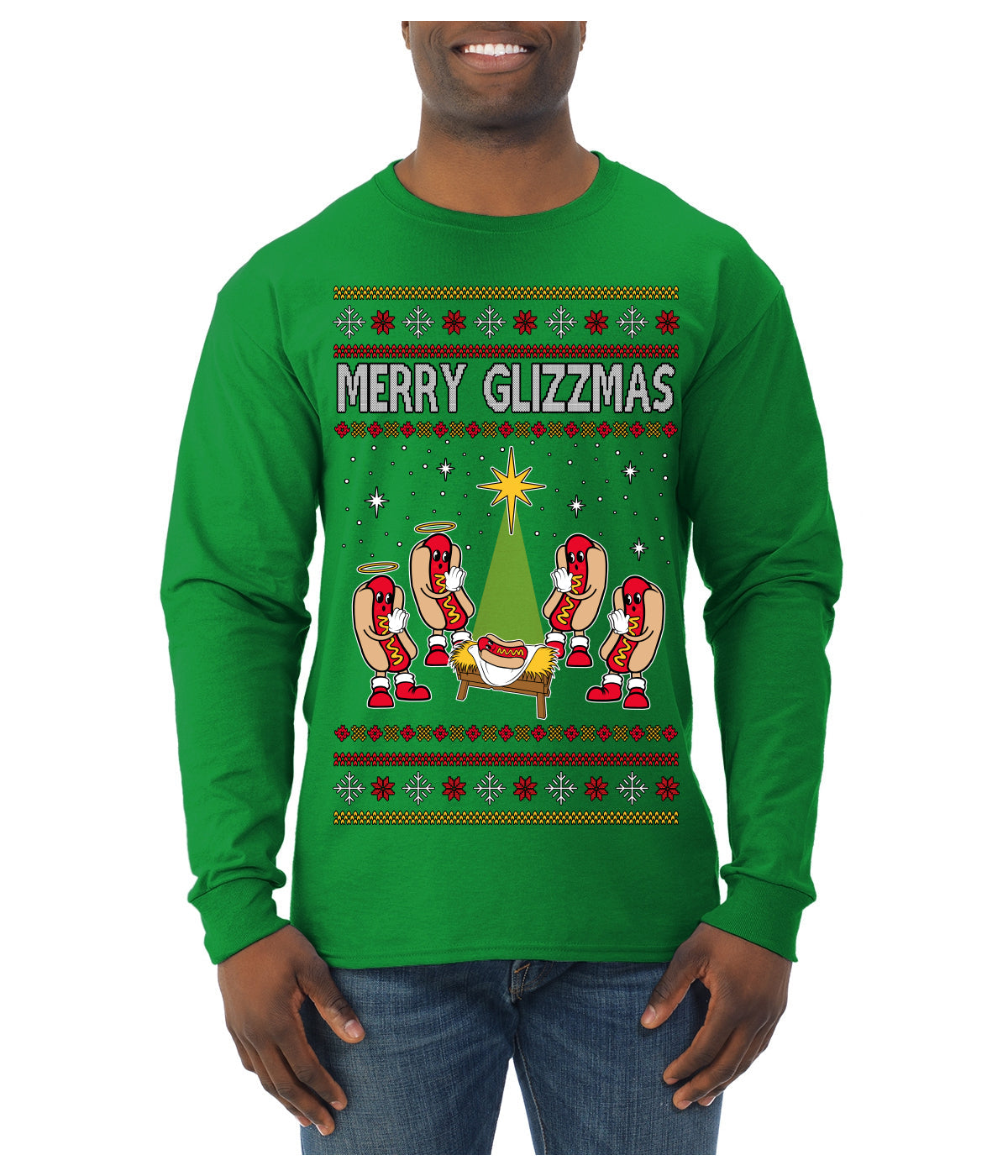 Merry Glizzmas, Funny Glizzy Hot Dog Baby Jesus Catholic Nativity, Fast Food Mustard Condiment Glizzys Humor Ugly Christmas Sweater Mens Long Sleeve Shirt