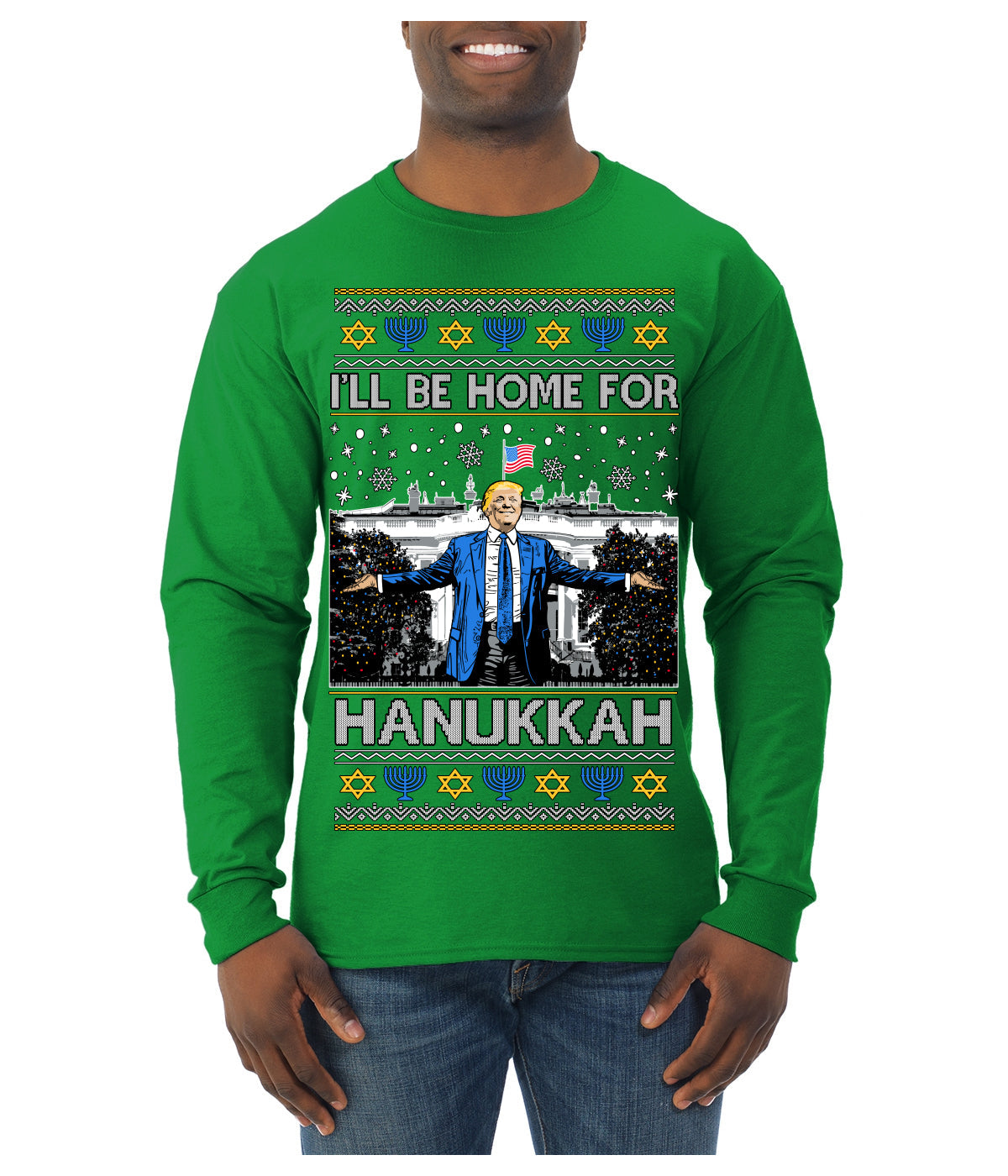 I'll Be Home for Hanukkah, Funny President Donald Trump JD Vance Winter Holiday Chanukah Hannukkah Channukah Ugly Christmas Sweater Mens Long Sleeve Shirt