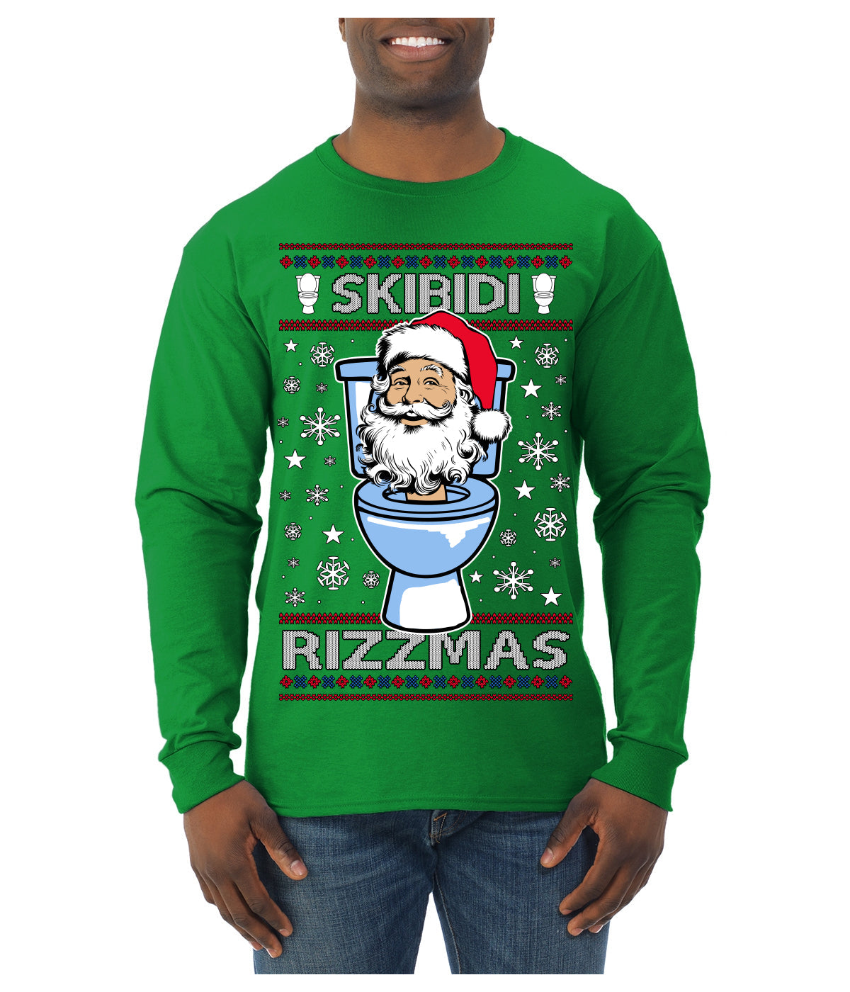 Skibidi Rizzmas Funny Toilet Video Viral Brain Rot Meme, Gen Z Alpha Slang Brainrot Memes Ugly Christmas Sweater Mens Long Sleeve Shirt
