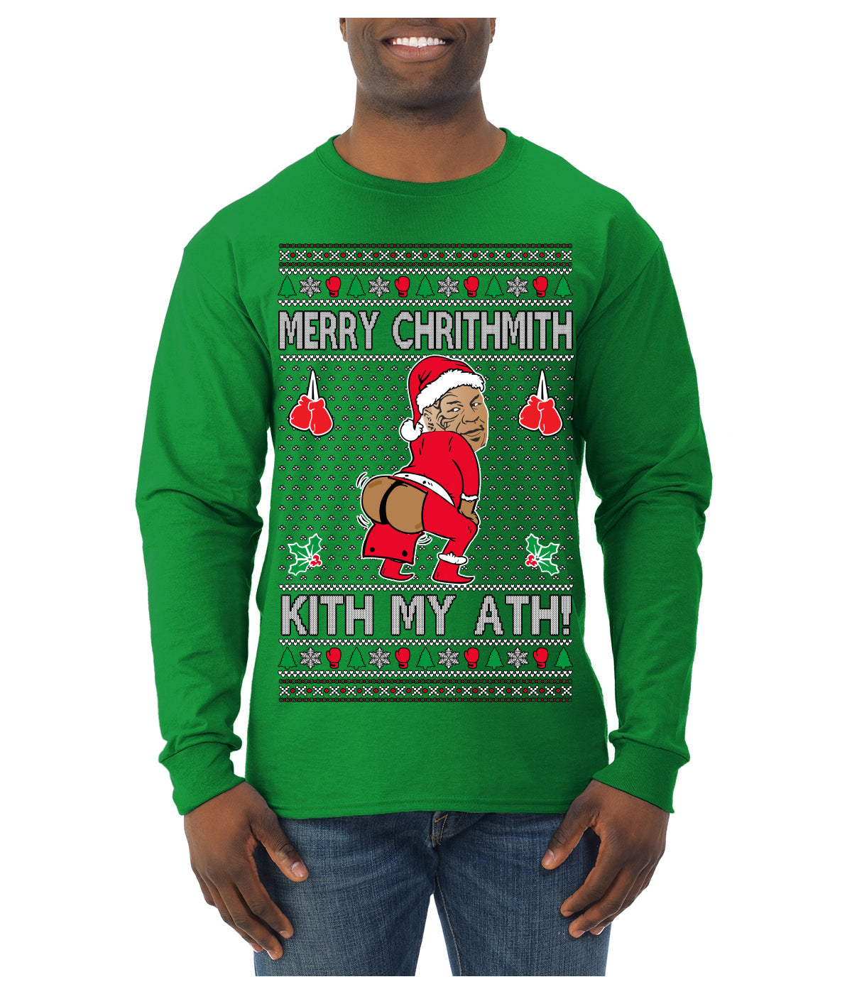 Merry Chrithmith Kith My Ath, Funny Butt Dancing, Viral Kiss My Ass Boxing Fight Meme, Men Women Ugly Christmas Sweater Mens Long Sleeve Shirt
