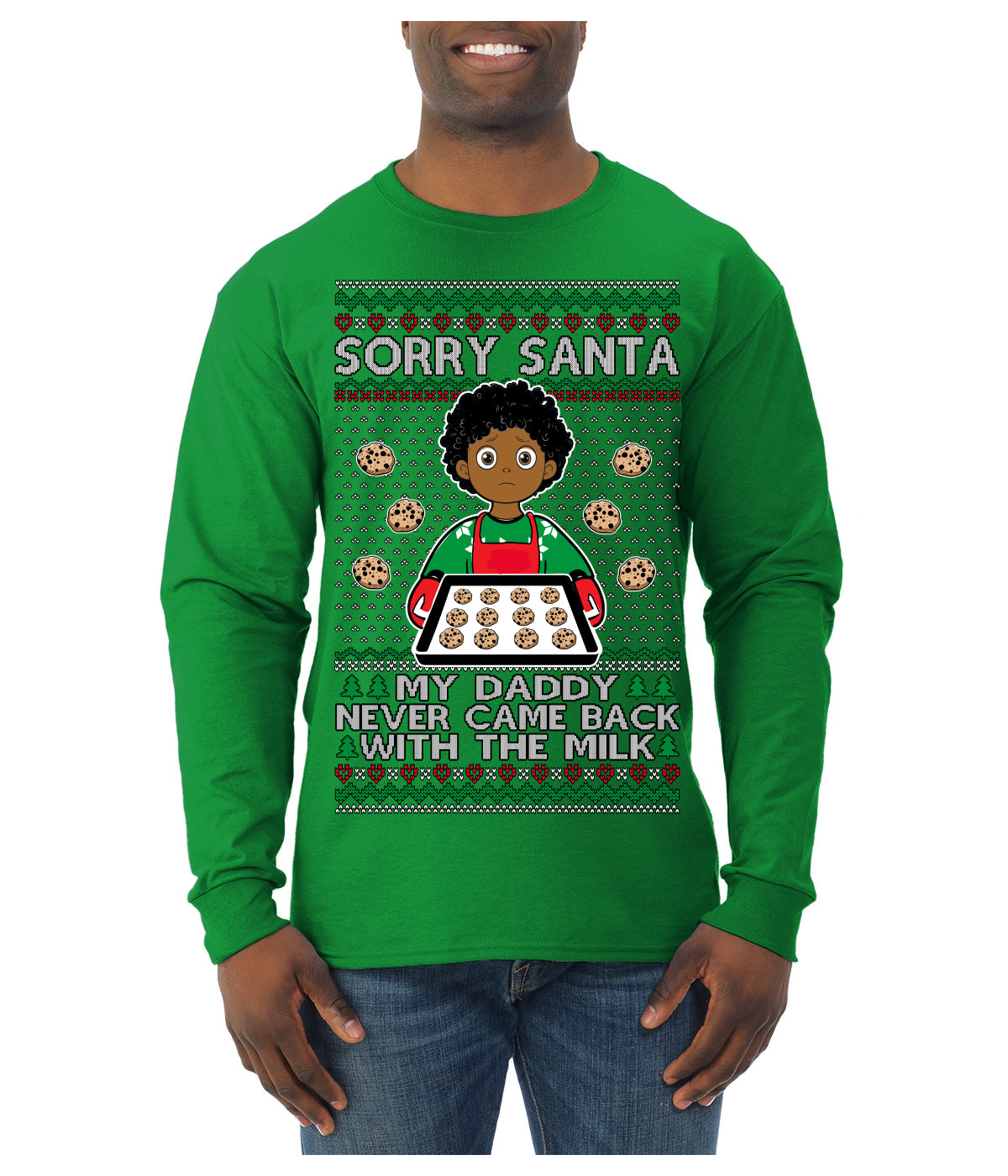 Sorry Santa Dad Never Came Back With Milk, Other Kid, Funny Viral Daddy Left Sad Kid Meme Ugly Christmas Sweater Mens Long Sleeve Shirt