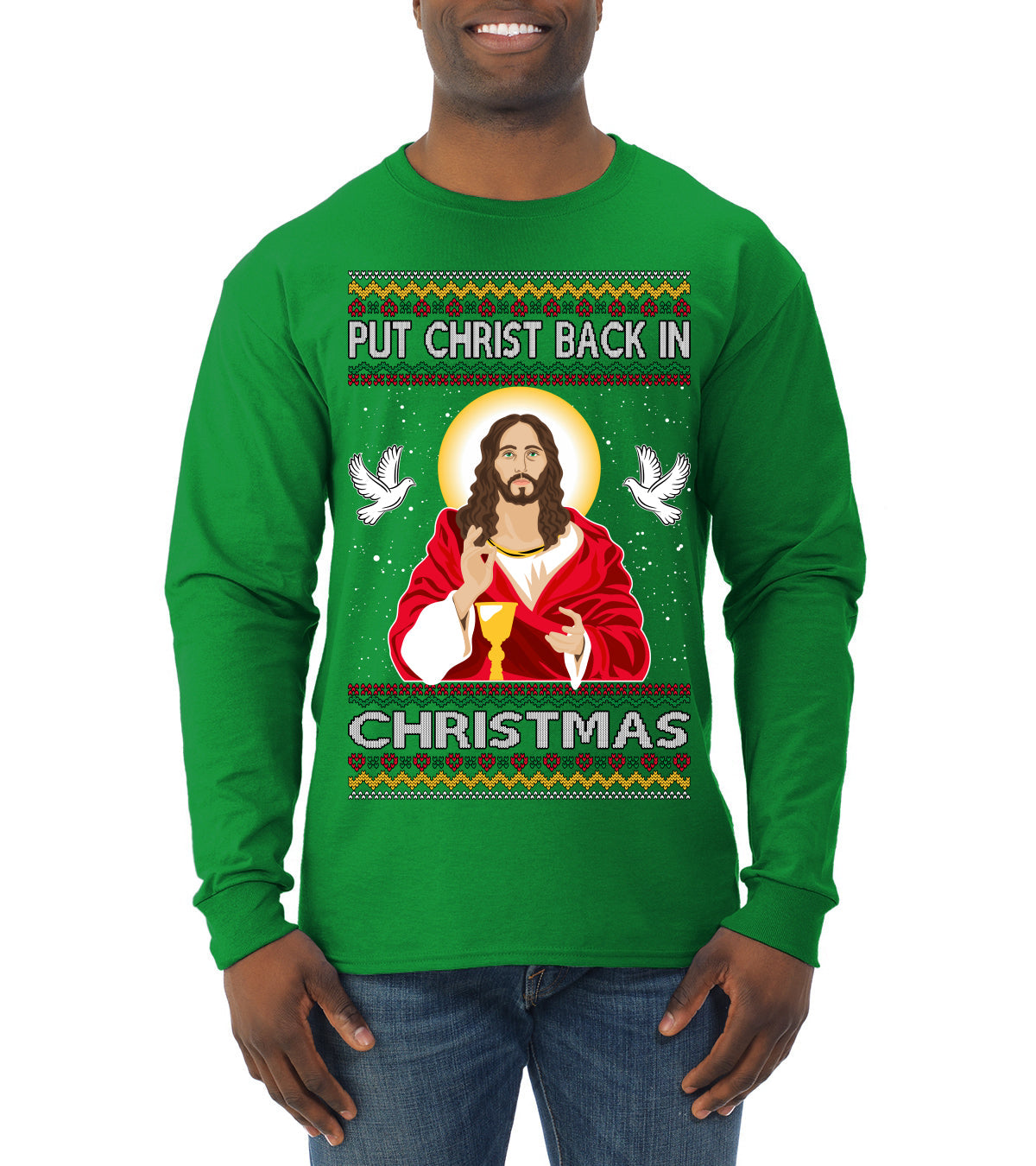 Put Christ Back In Christmas Ugly Christmas Sweater Mens Long Sleeve Shirt