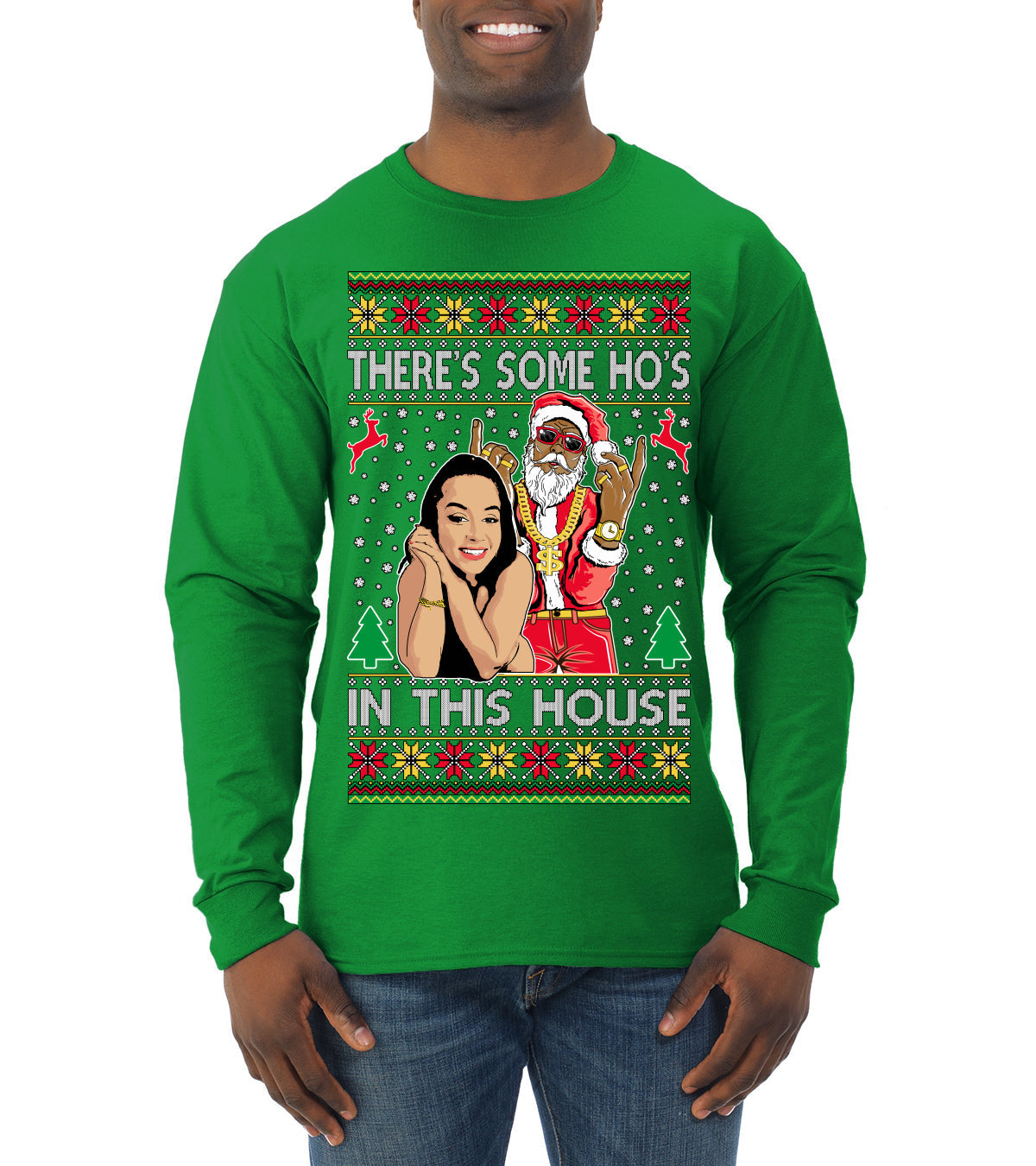 Santa the Plug Hos In This House  Ugly Christmas Sweater Mens Long Sleeve Shirt