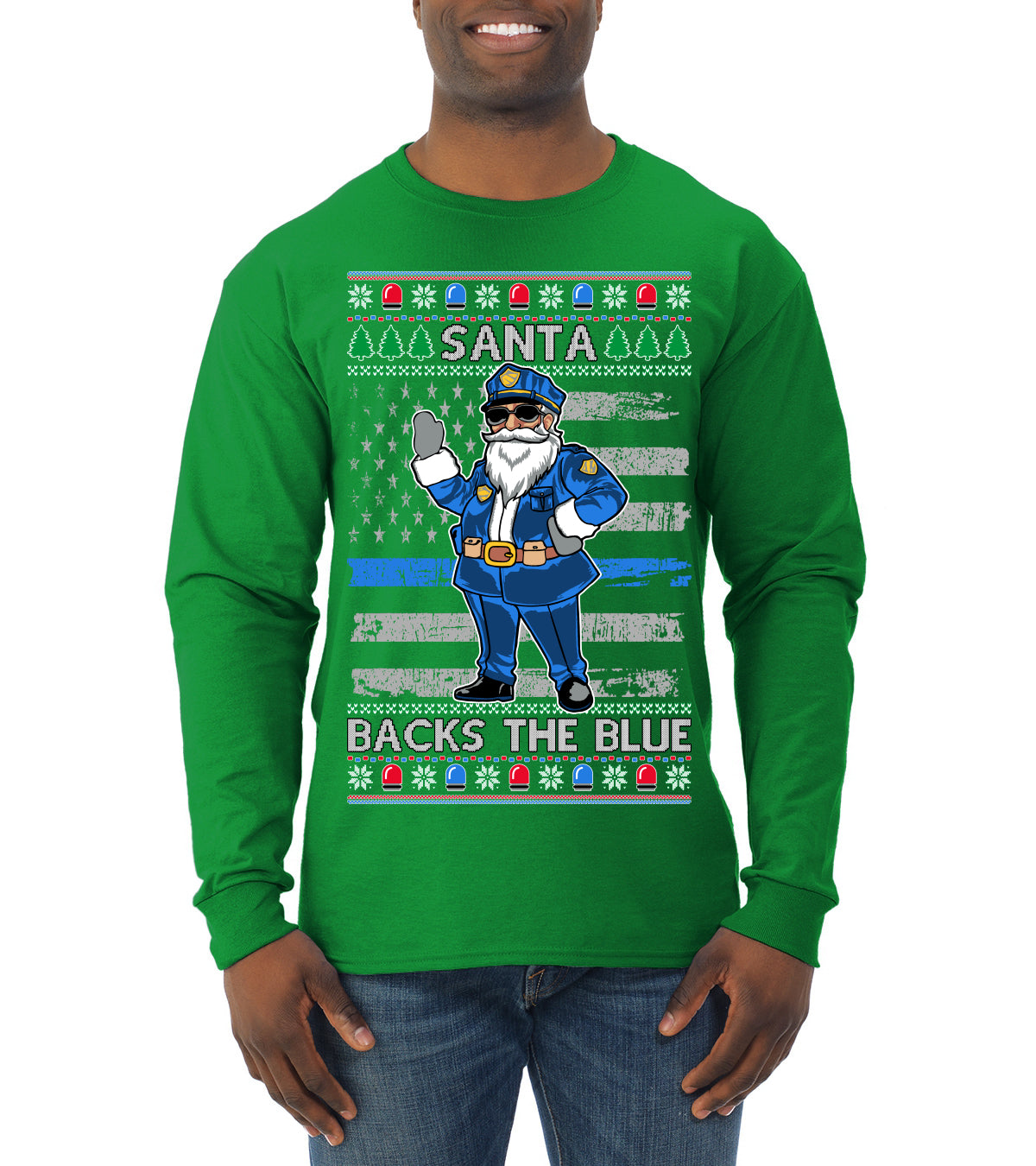 Santa Backs The Blue Pro Police Santa Claus Ugly Christmas Sweater Mens Long Sleeve Shirt