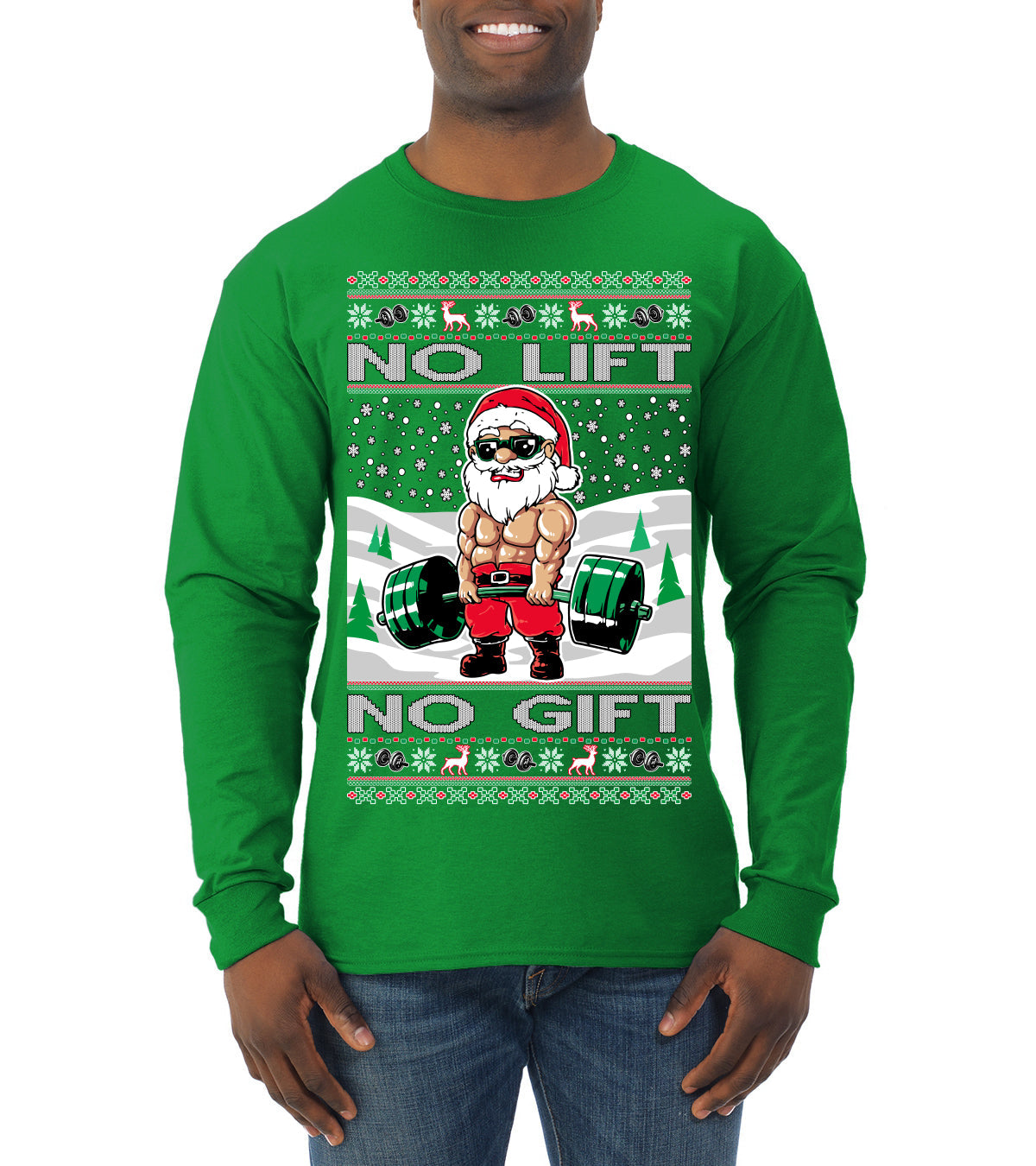No Lift No Gift Fitness Workout Santa Ugly Christmas Sweater Mens Long Sleeve Shirt