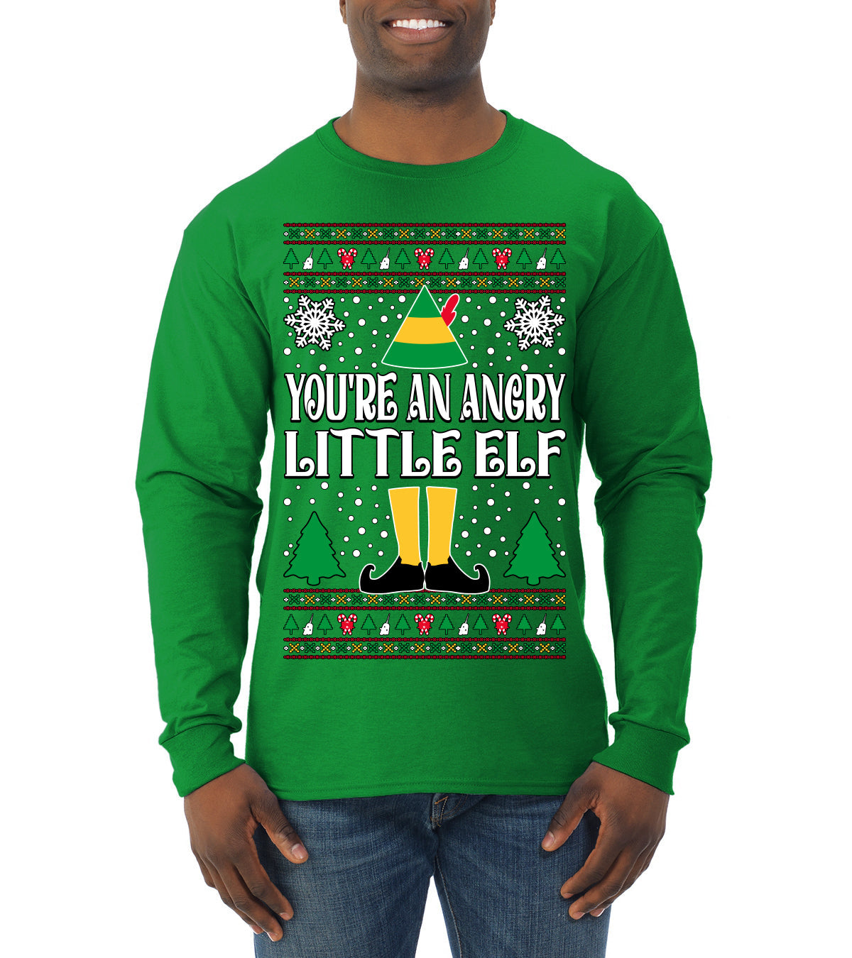 You're An Angry Little Elf Christmas Movie Quote  Ugly Christmas Sweater Mens Long Sleeve Shirt