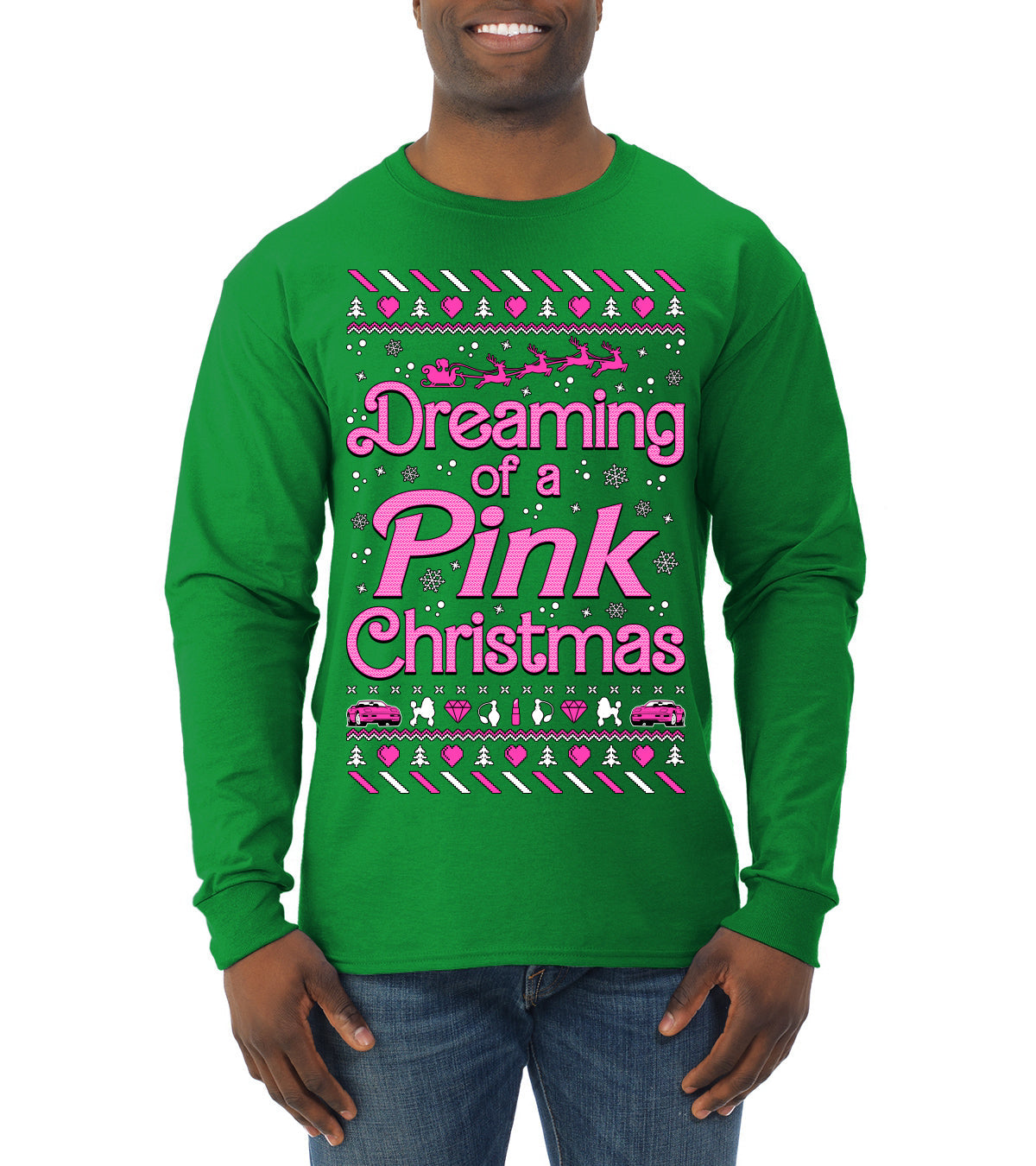 Dreaming Of A Pink Chirstmas Girly Woman Movie Party Ugly Christmas Sweater Mens Long Sleeve Shirt