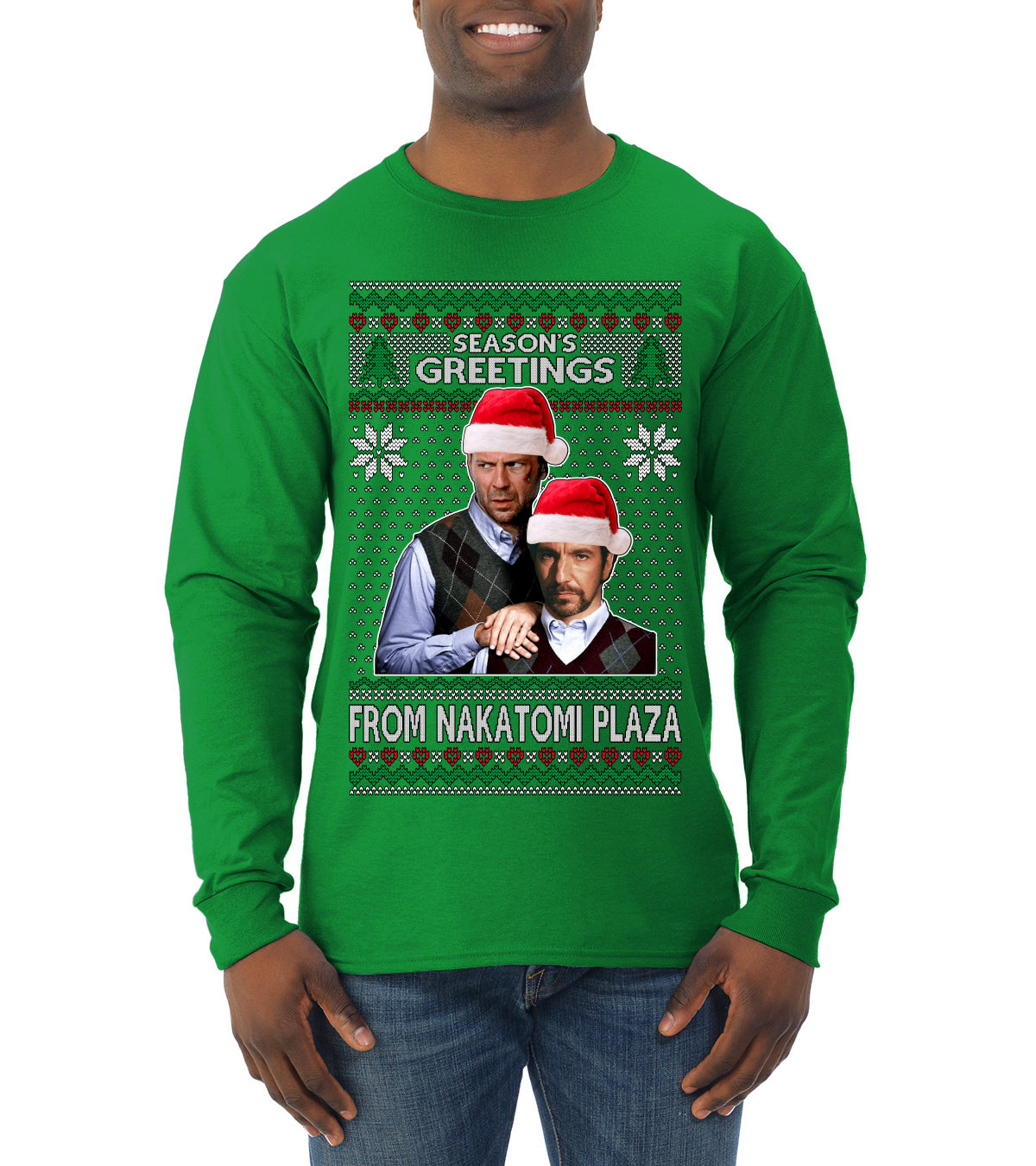 Season's Greeting From Nakatomi Plaza Ugly Christmas Sweater Mens Long Sleeve Shirt