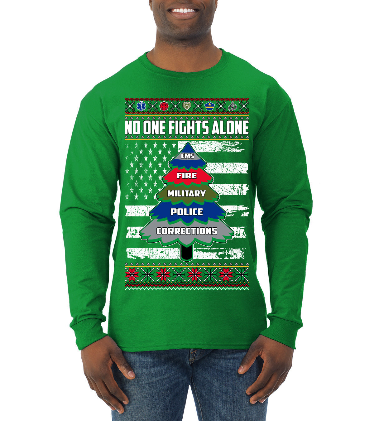 No One Fights Alone Holiday First Responder Police Fire Emt Ugly Christmas Sweater Mens Long Sleeve Shirt