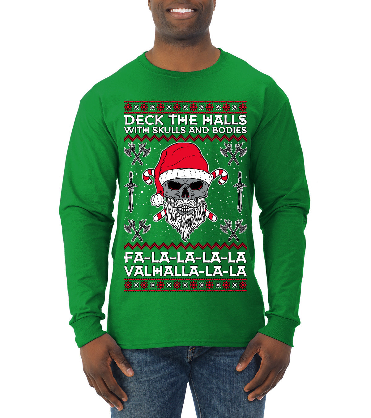 Valhalla Deck The Halls With Skulls & Bodies Ugly Christmas Sweater Mens Long Sleeve Shirt