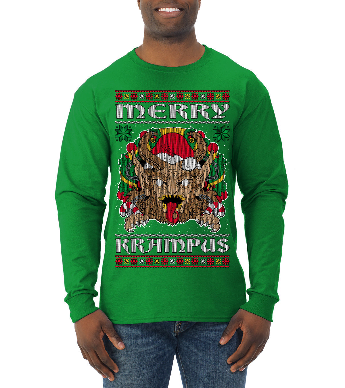 Merry Krampus Santa Folklore Figure Horror Ugly Christmas Sweater Mens Long Sleeve Shirt