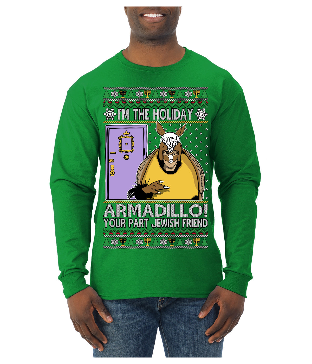 Holiday Armadillo Part Jewish TV Show Ugly Christmas Sweater Mens Long Sleeve Shirt
