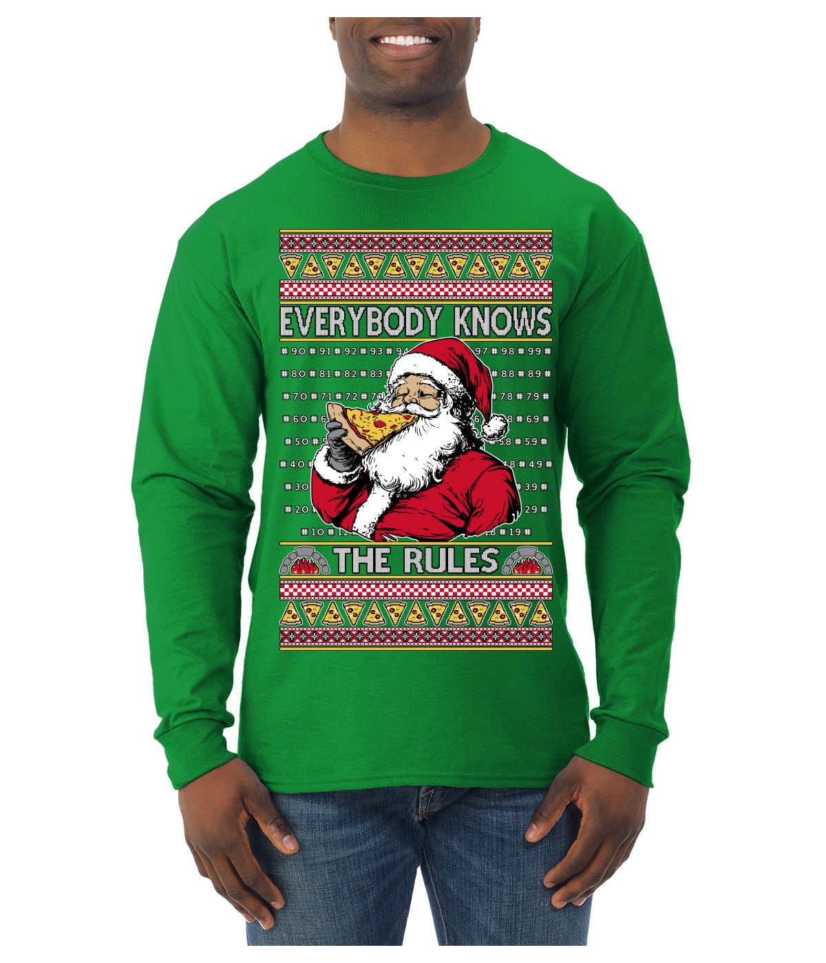 Everybody Knows the Rules Funny Santa Claus Pizza Score Ugly Christmas Sweater Mens Long Sleeve Shirt