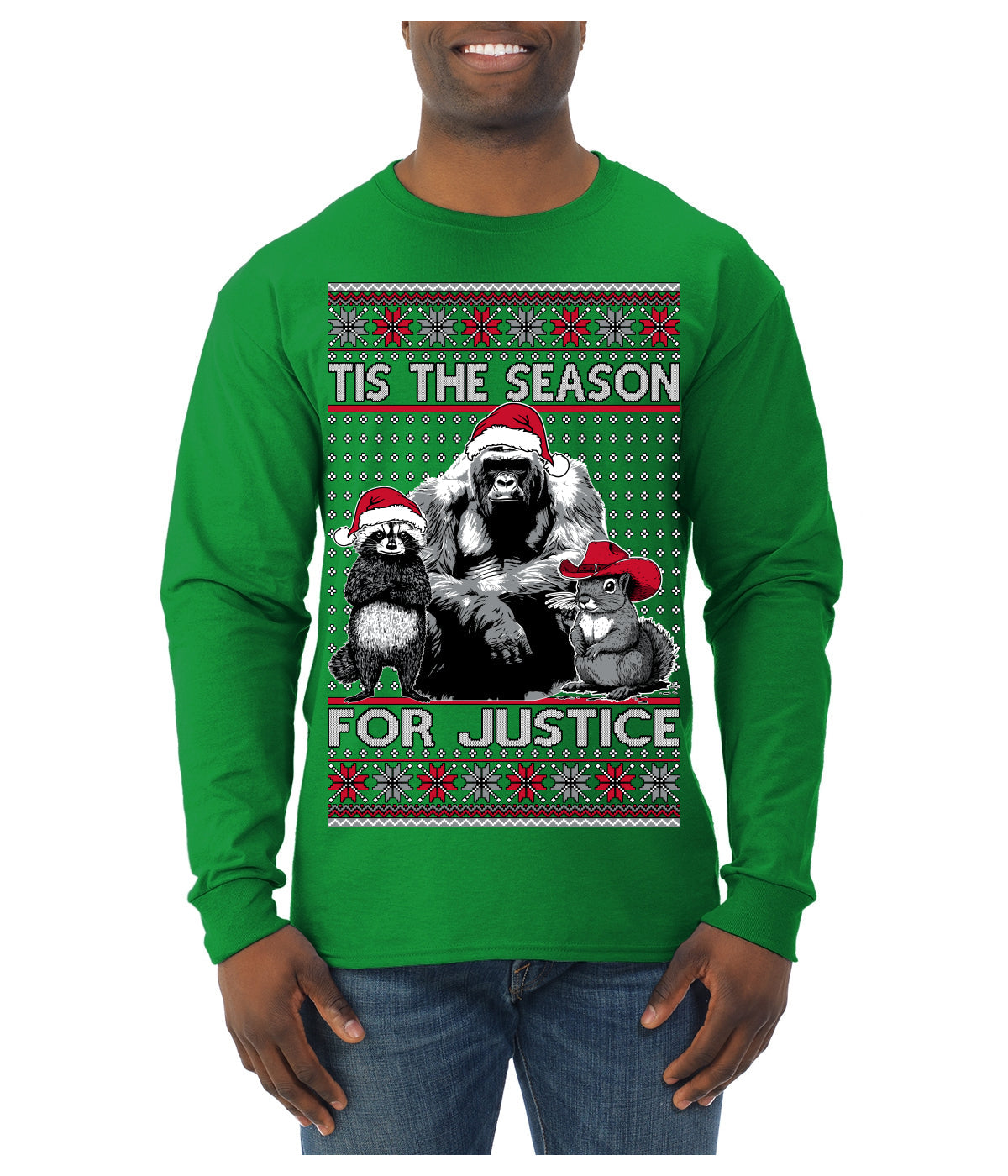 Tis the Season For Justice Harambe Peanut Fred Raccoon Ugly Christmas Sweater Mens Long Sleeve Shirt