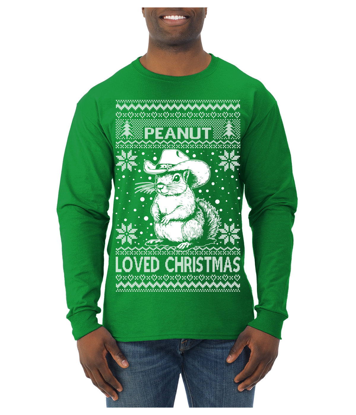 Peanut Loved Christmas RIP Funny Viral Squirrel Meme Ugly Christmas Sweater Mens Long Sleeve Shirt