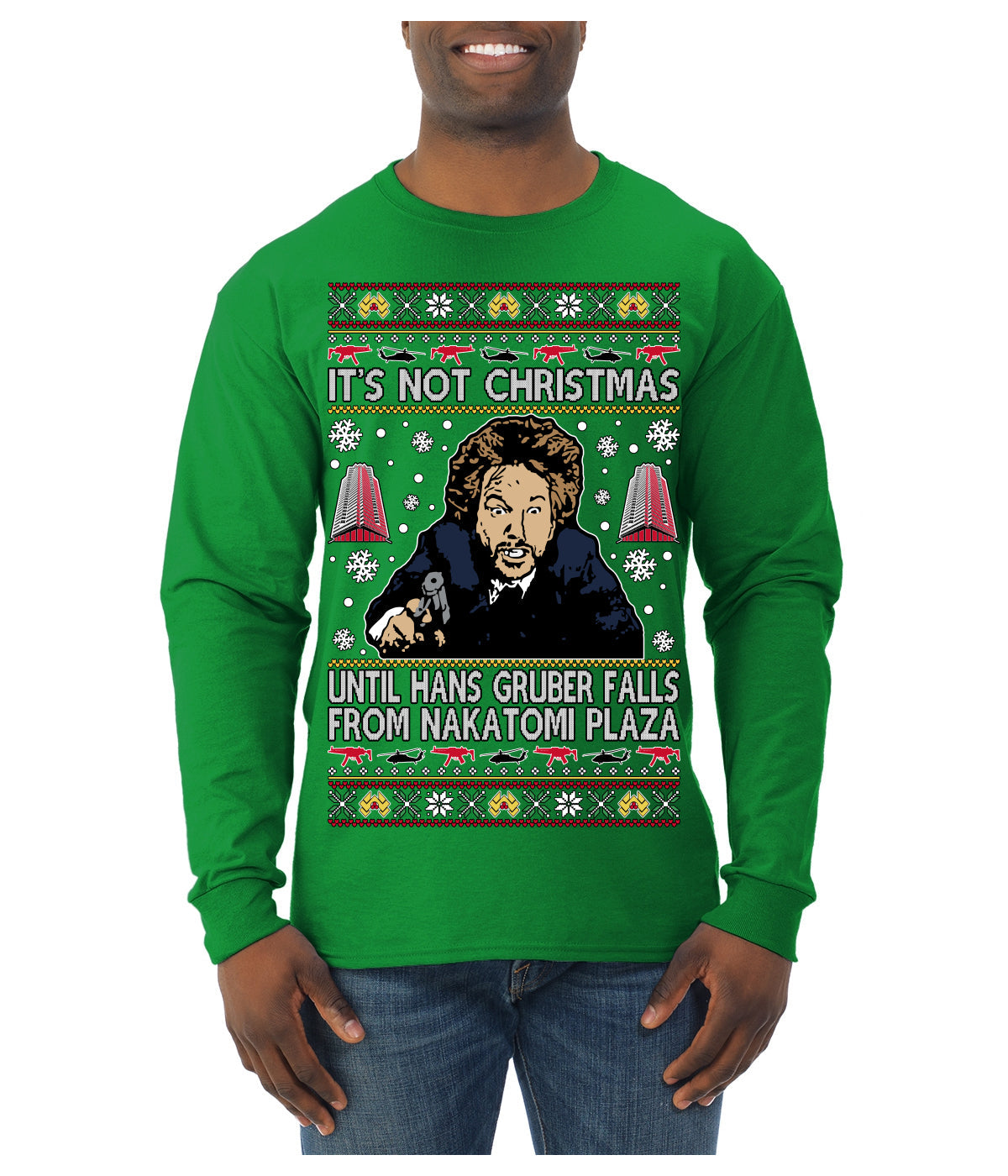 It's Not Christmas Until Hans Gruber Falls From Nakatomi Plaza Color Ugly Christmas Sweater Mens Long Sleeve Shirt