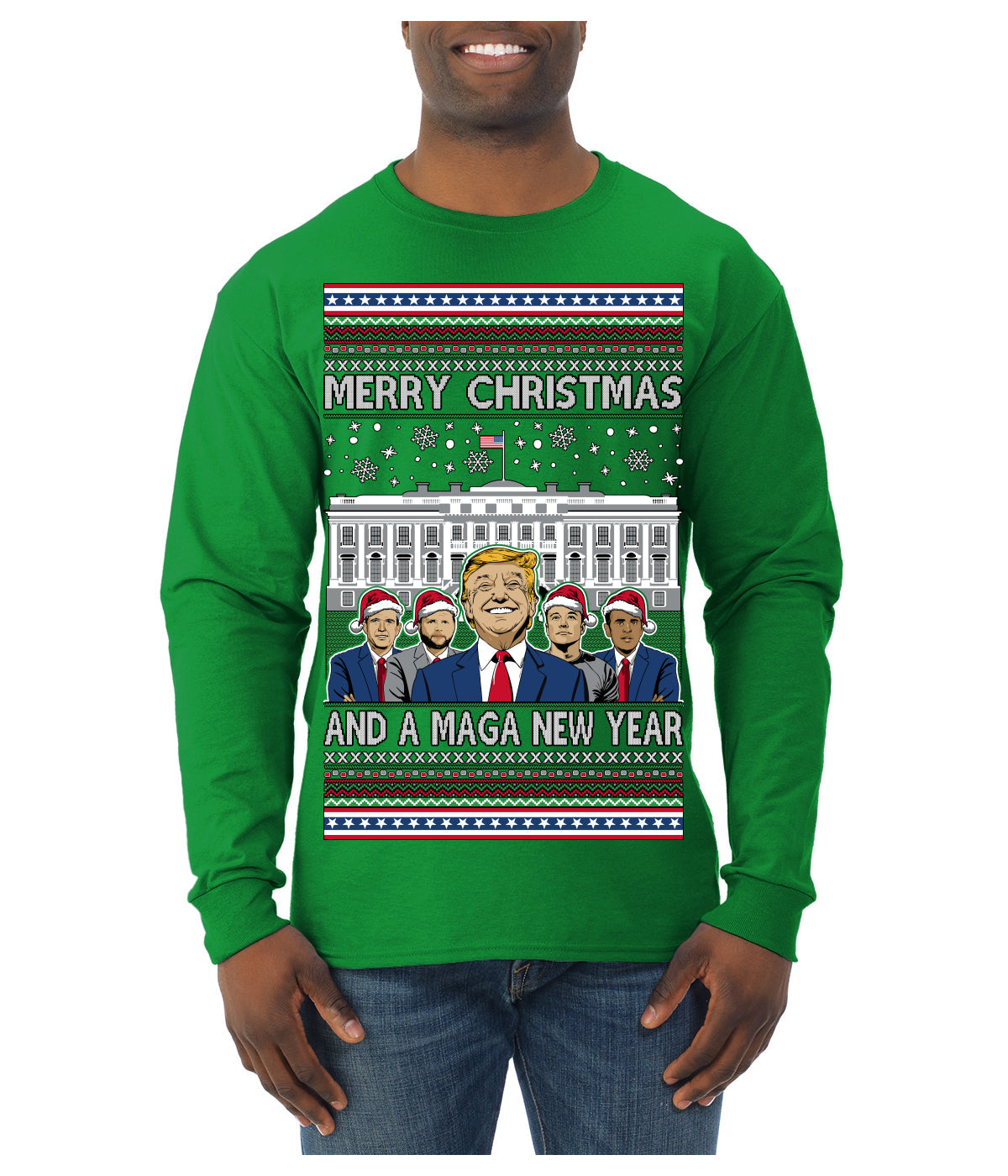 Merry Christmas and a MAGA New Year 2025 Ugly Christmas Sweater Mens Long Sleeve Shirt