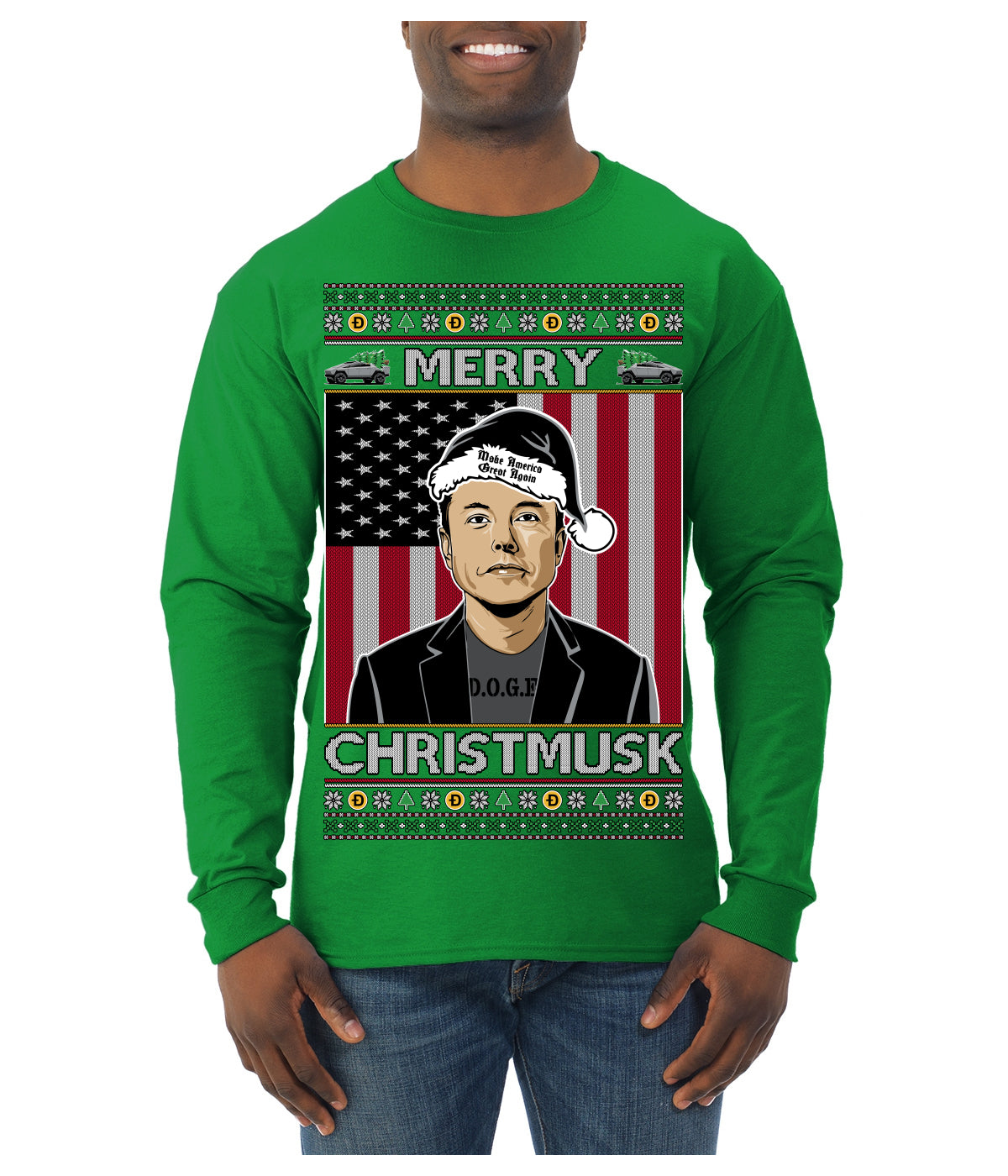 Merry Christmusk Funny Dark MAGA Santa Elon Doge Meme Ugly Christmas Sweater Mens Long Sleeve Shirt