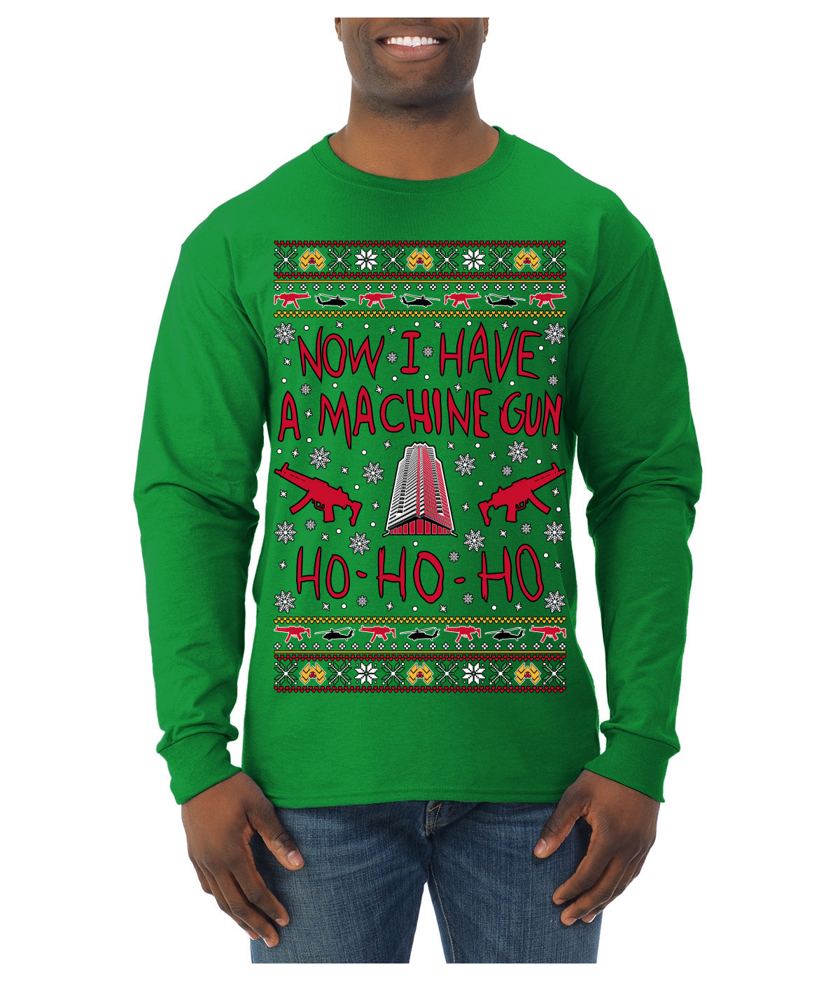 Now I Have a Machine Gun Ho Ho Ho Nakatomi Die Hard McClane Classic 80s Xmas Movie Ugly Christmas Sweater Mens Long Sleeve Shirt