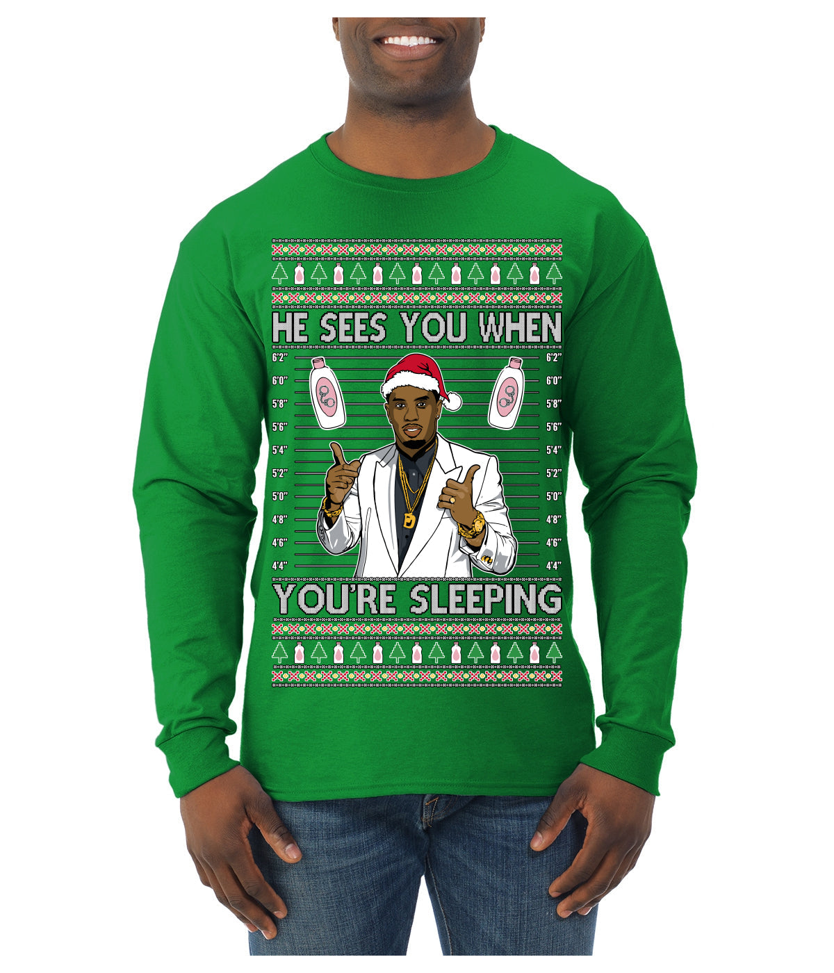 He Sees You When You're Sleeping, Funny Santa P Diddy Diddler Funny Party Viral Music Baby Oil Meme Ugly Christmas Sweater Mens Long Sleeve Shirt