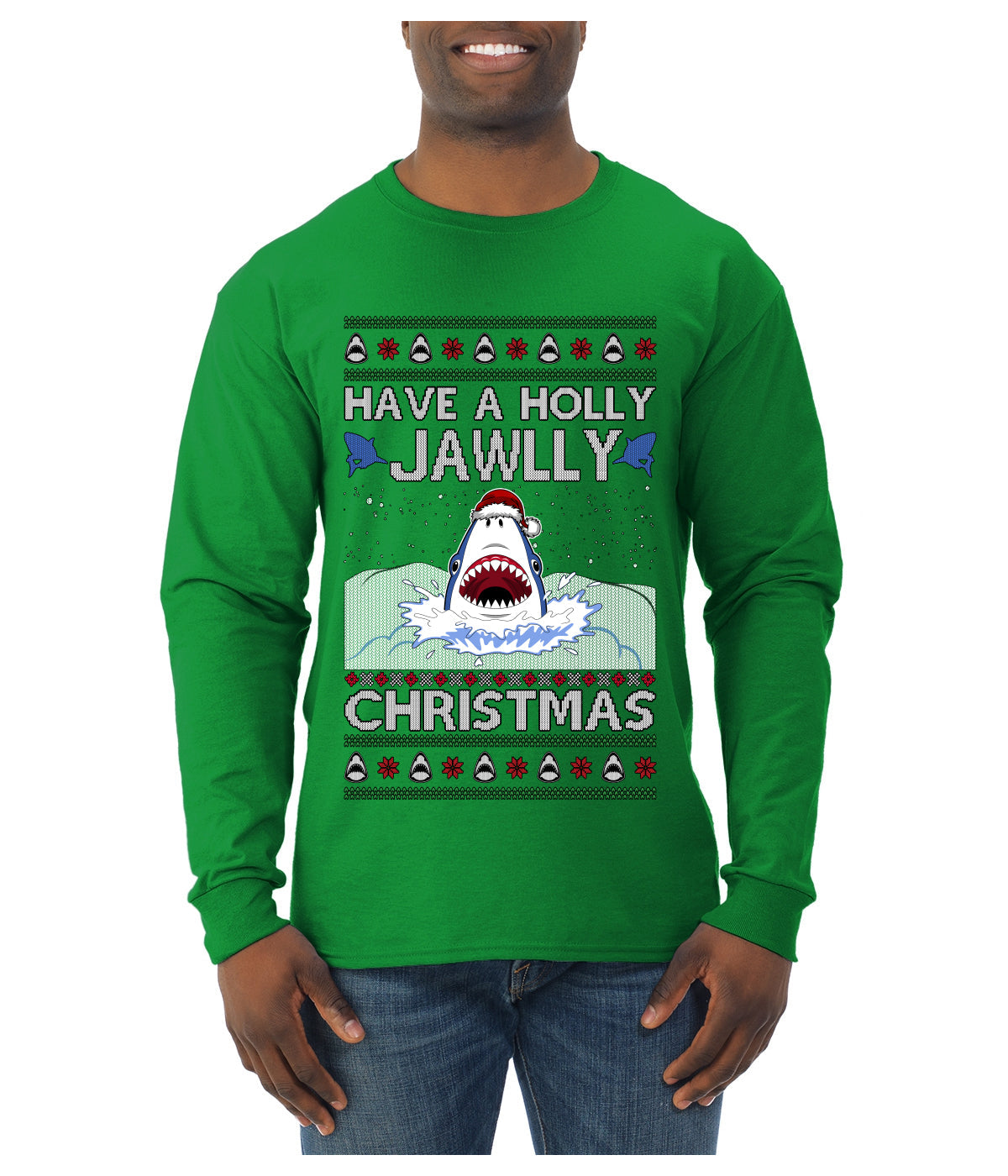Have a Holly Jawlly Christmas, Cute Shark, Ugly Christmas Sweater Mens Long Sleeve Shirt