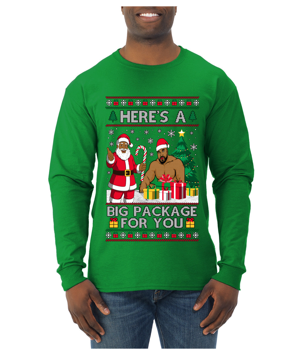 Here's A Big Package For You Black Santa Christmas Sweater, Ugly Christmas Sweater Mens Long Sleeve Shirt