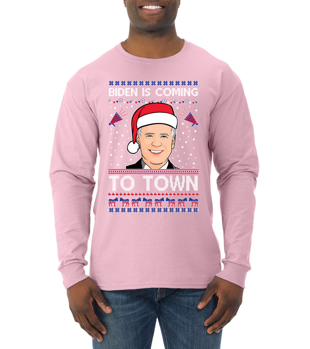 Biden Is Coming To Town Ugly Christmas Sweater Mens Long Sleeve Shirt