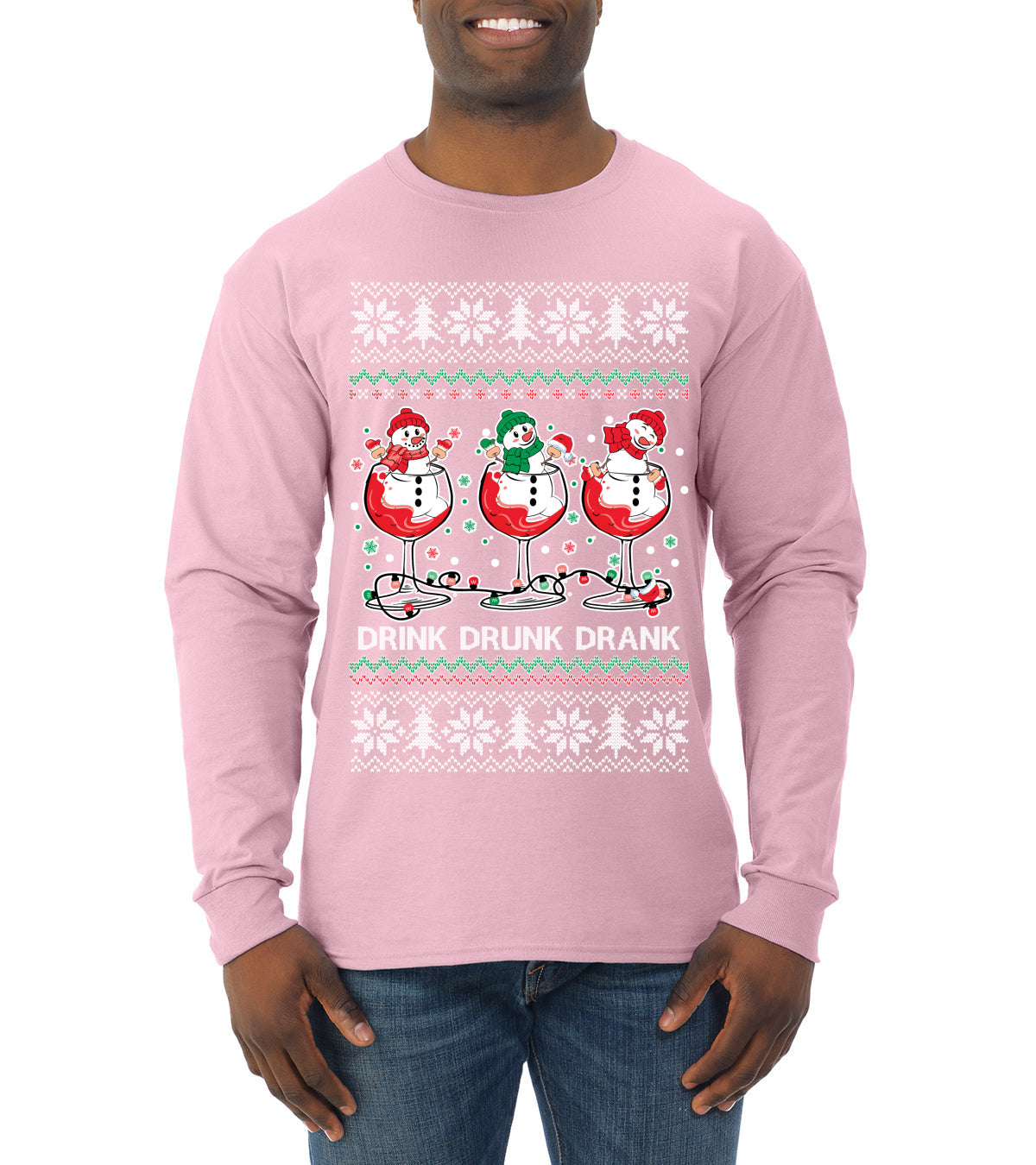 Holiday Spirits Drink Drank Drunk Snowmen Ugly Christmas Sweater Mens Long Sleeve Shirt